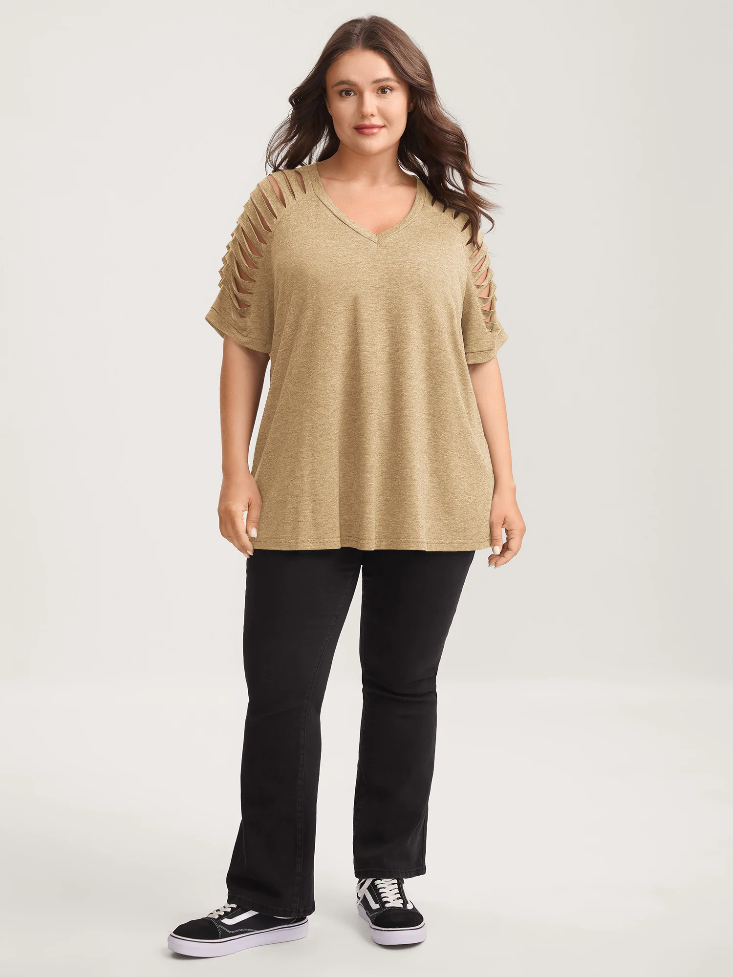 Cut-Out Sleeve V Neck T-Shirt - Image 15