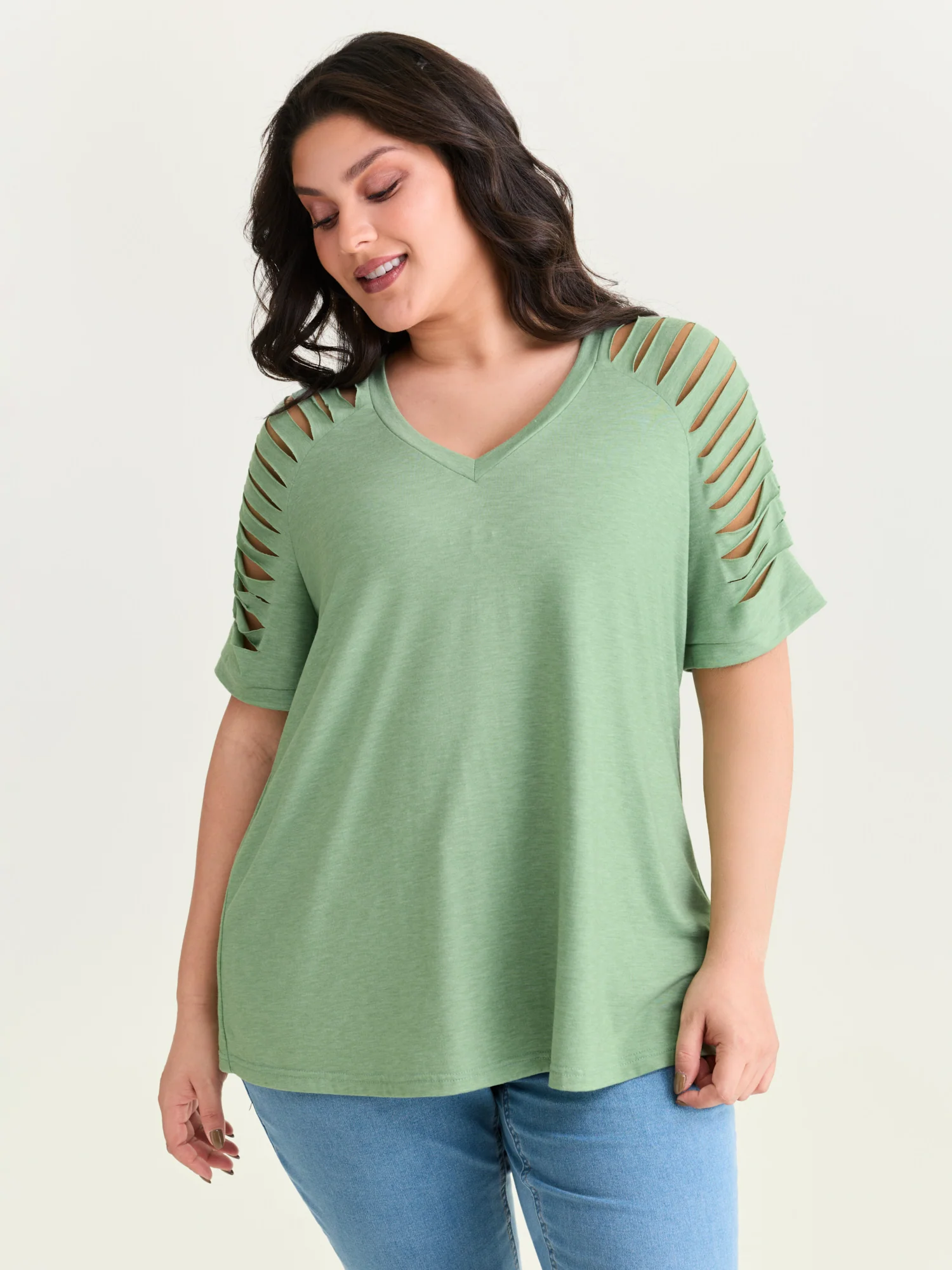 Cut-Out Sleeve V Neck T-Shirt - Image 17