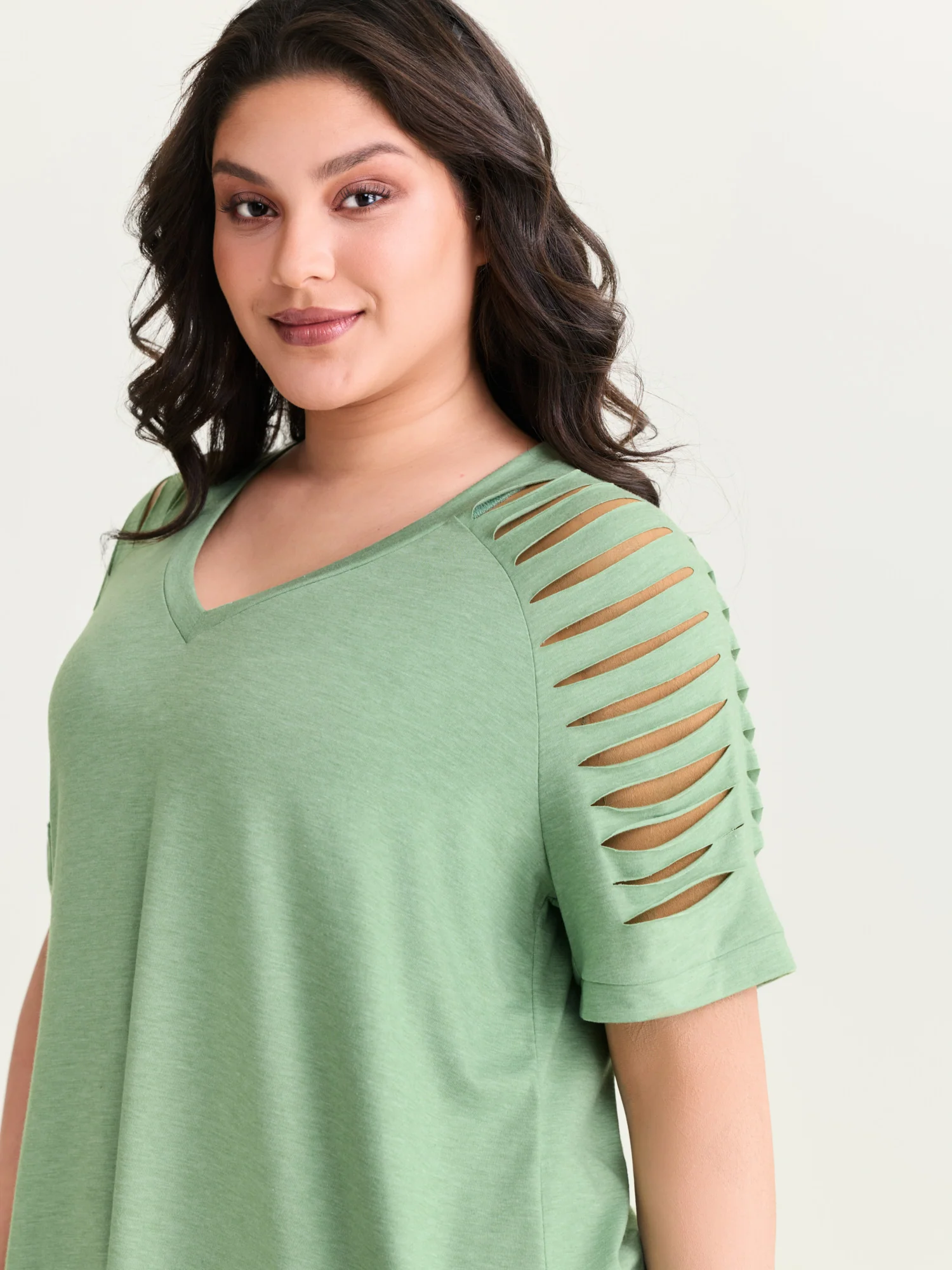 Cut-Out Sleeve V Neck T-Shirt - Image 18