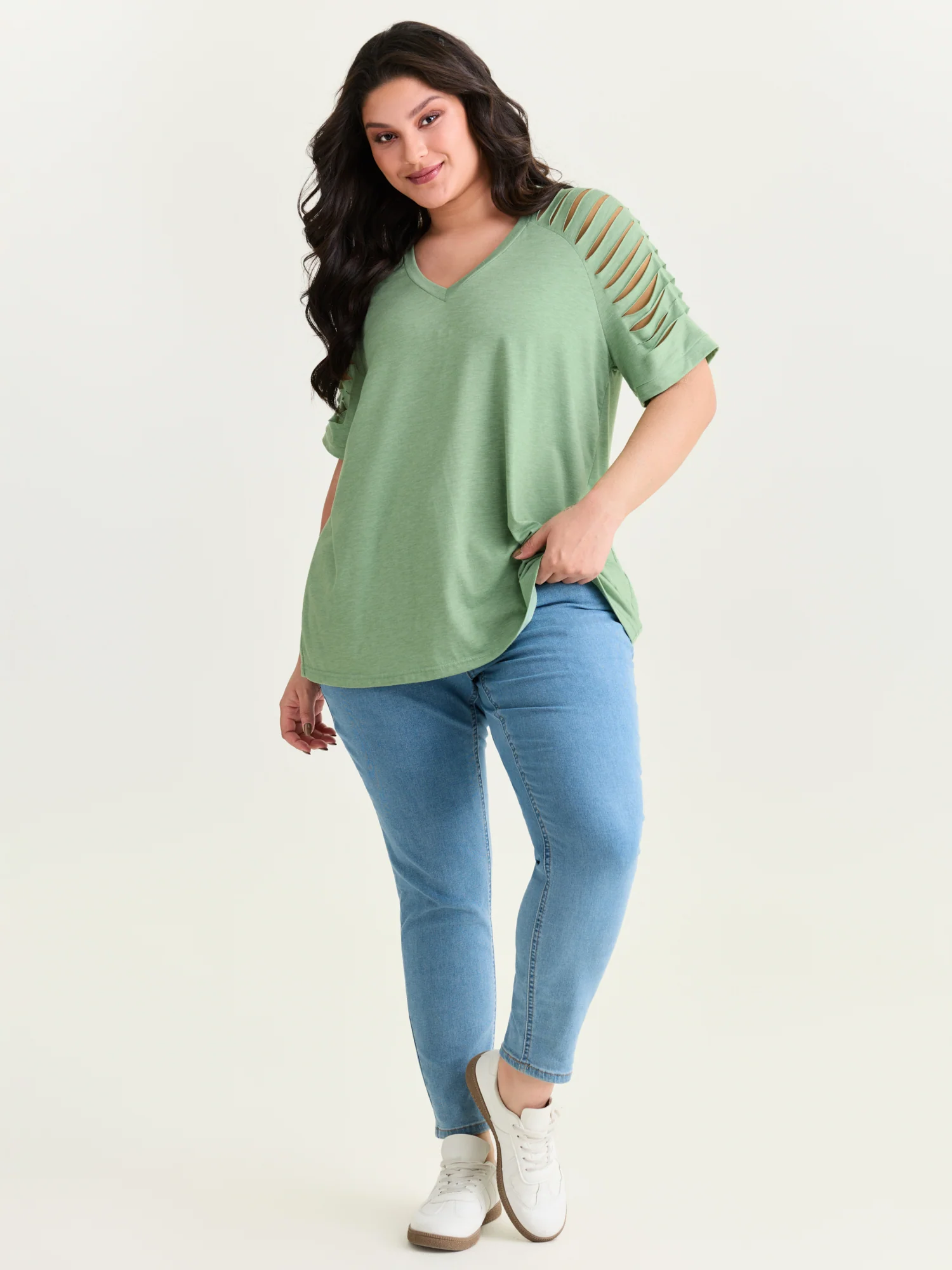 Cut-Out Sleeve V Neck T-Shirt - Image 19