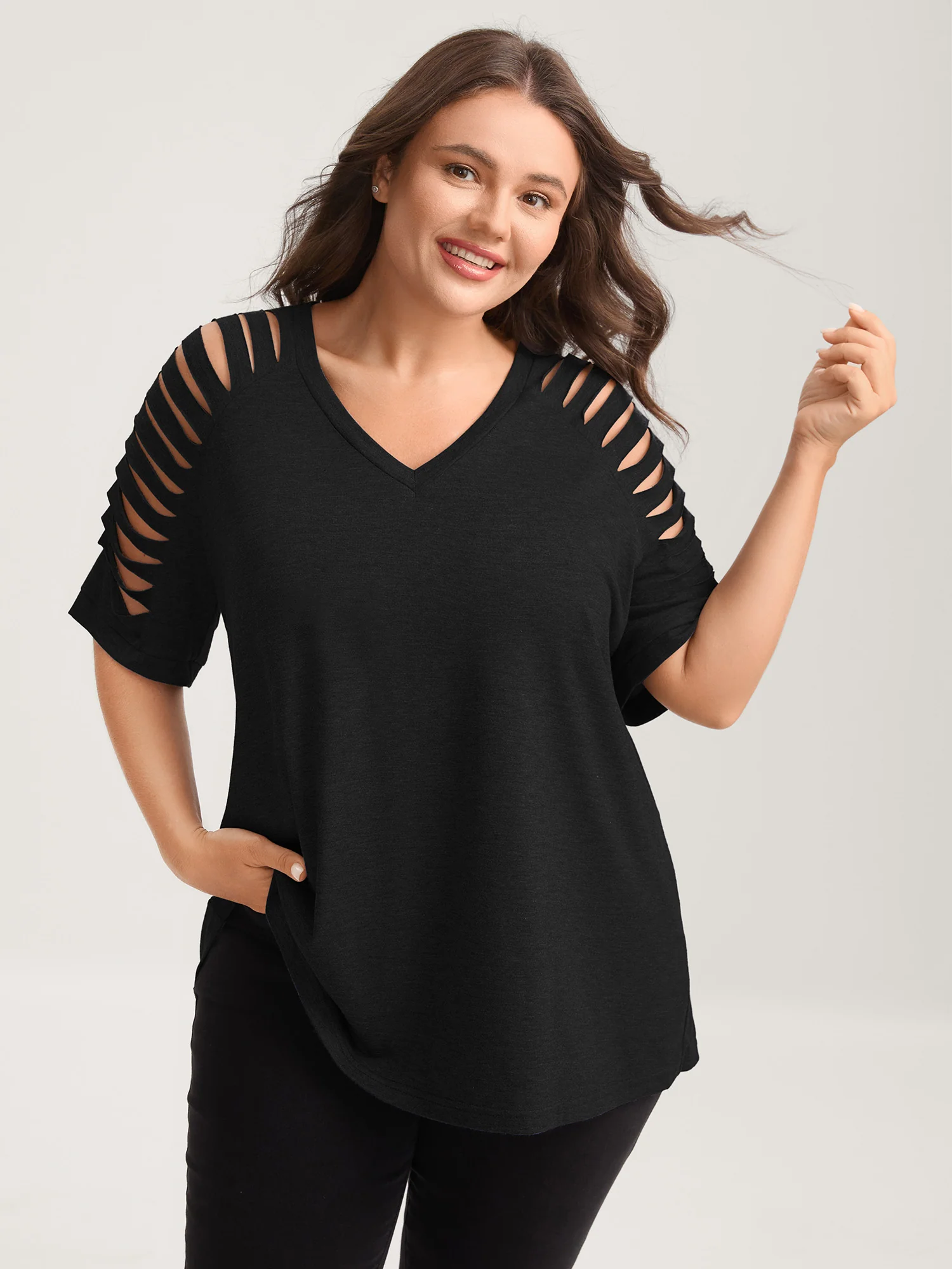 Cut-Out Sleeve V Neck T-Shirt - Image 2