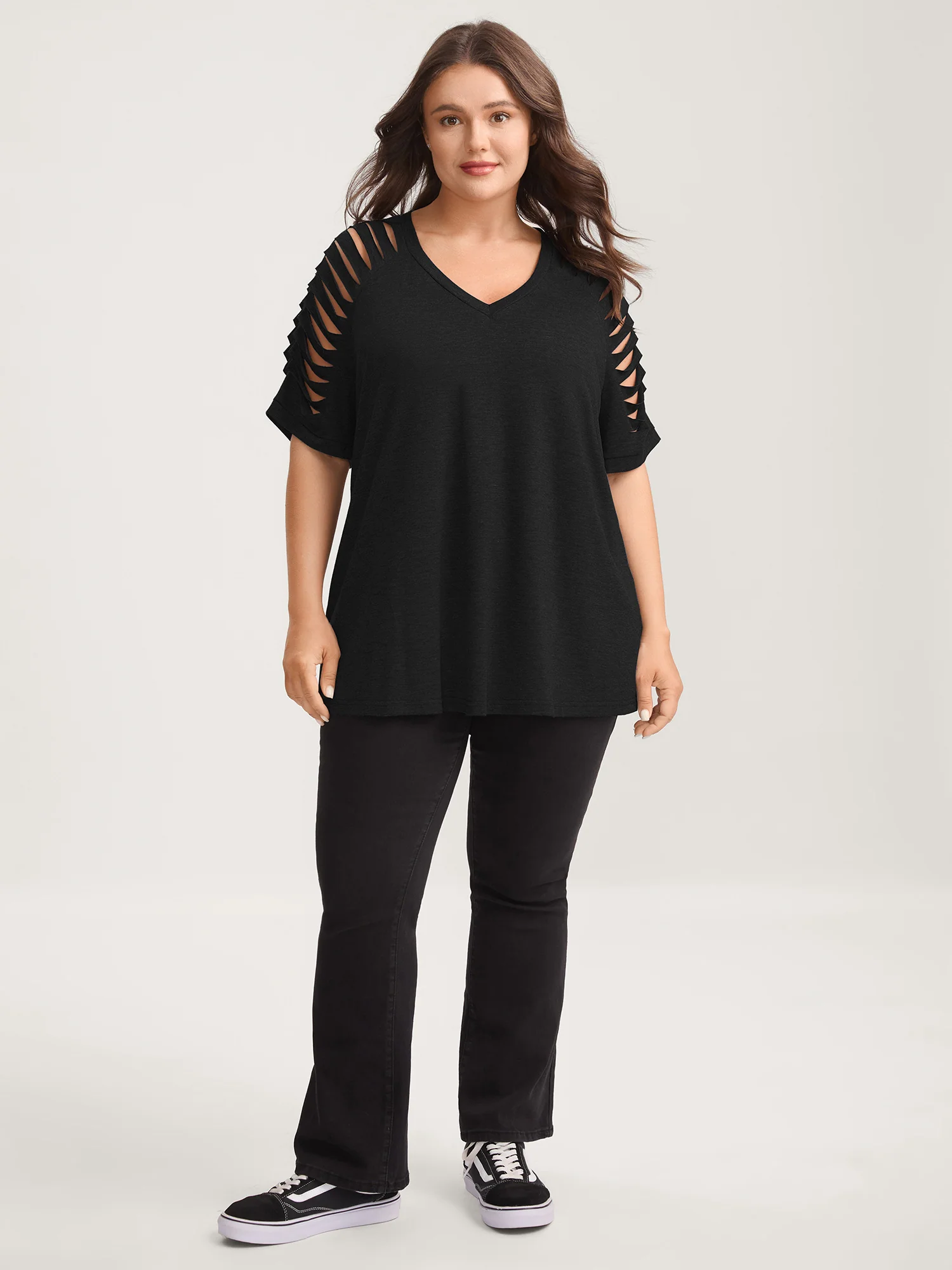 Cut-Out Sleeve V Neck T-Shirt - Image 3