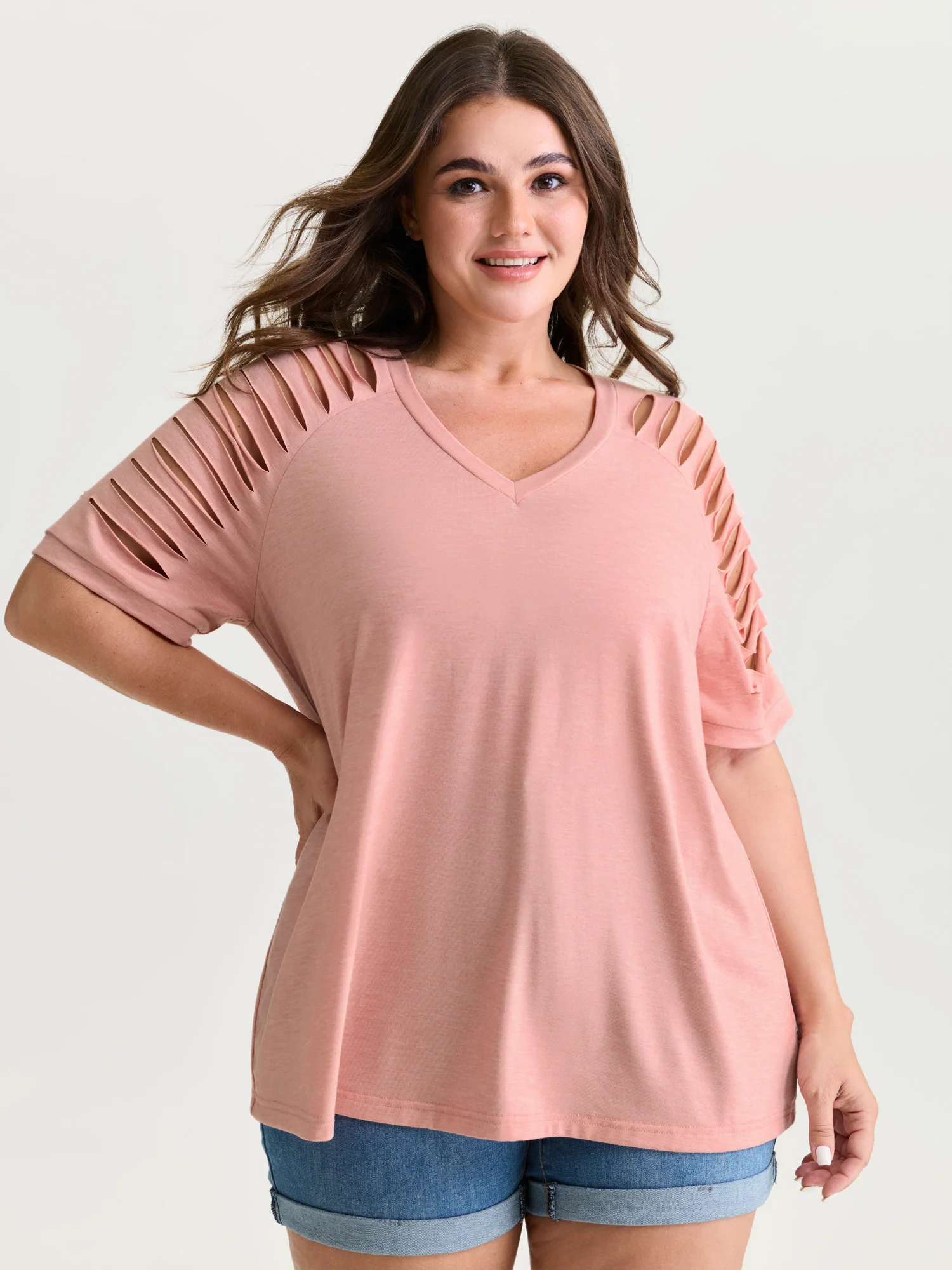 Cut-Out Sleeve V Neck T-Shirt - Image 6