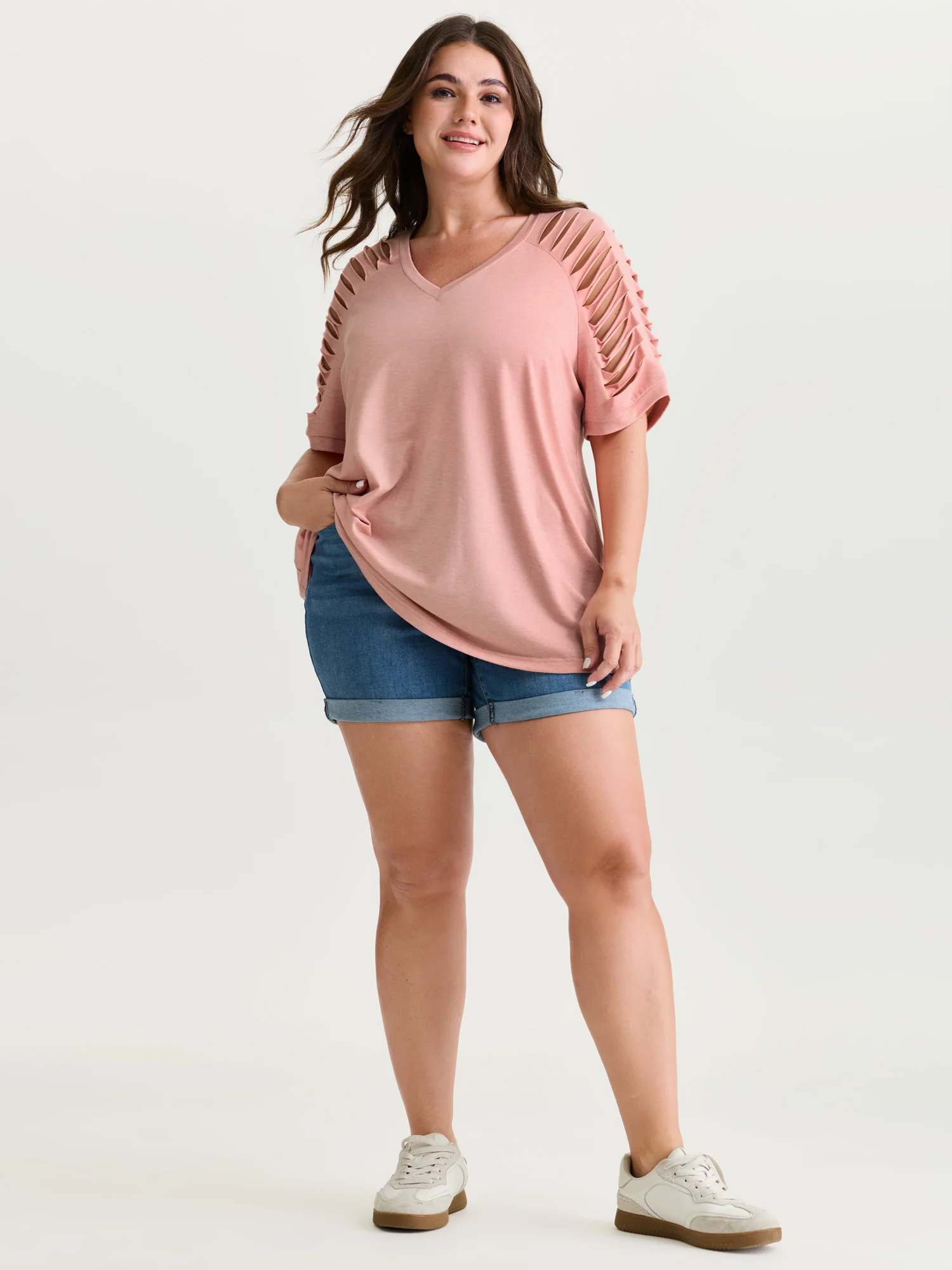 Cut-Out Sleeve V Neck T-Shirt - Image 7