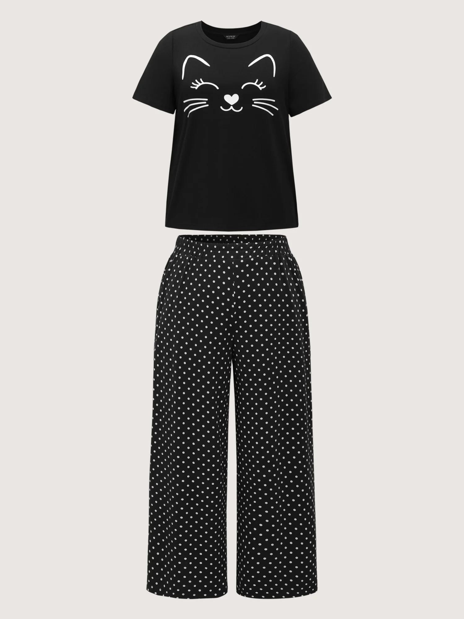 Cute Cat Polka Dots Print Sleepwear Set - Image 9