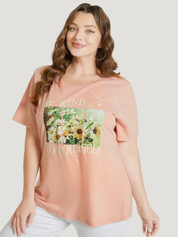 Daisy Floral  & Letter Priint Round Neck T-shirt - Image 5