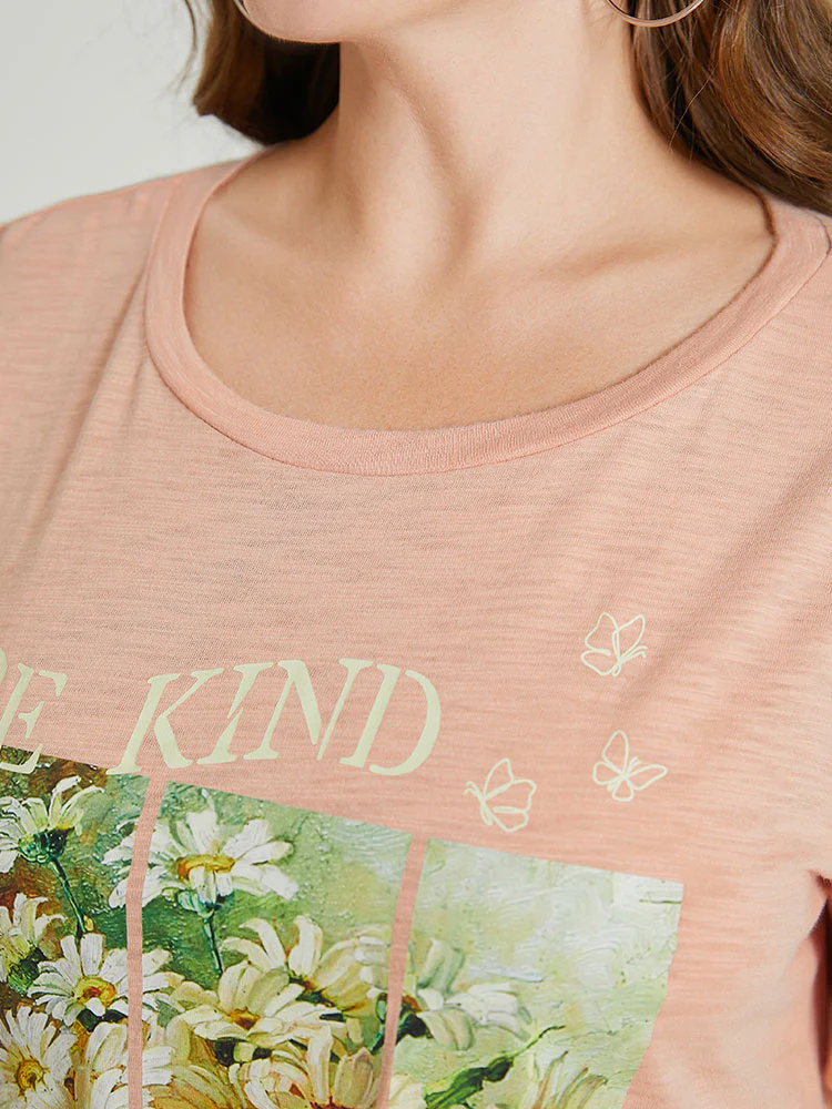 Daisy Floral  & Letter Priint Round Neck T-shirt - Image 7