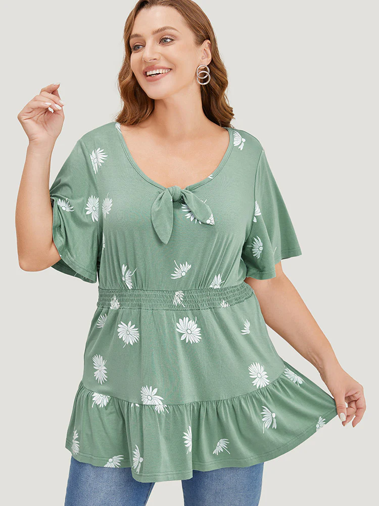 Daisy Floral Shirred Flutter Hem Bowknot T-shirt - Image 2