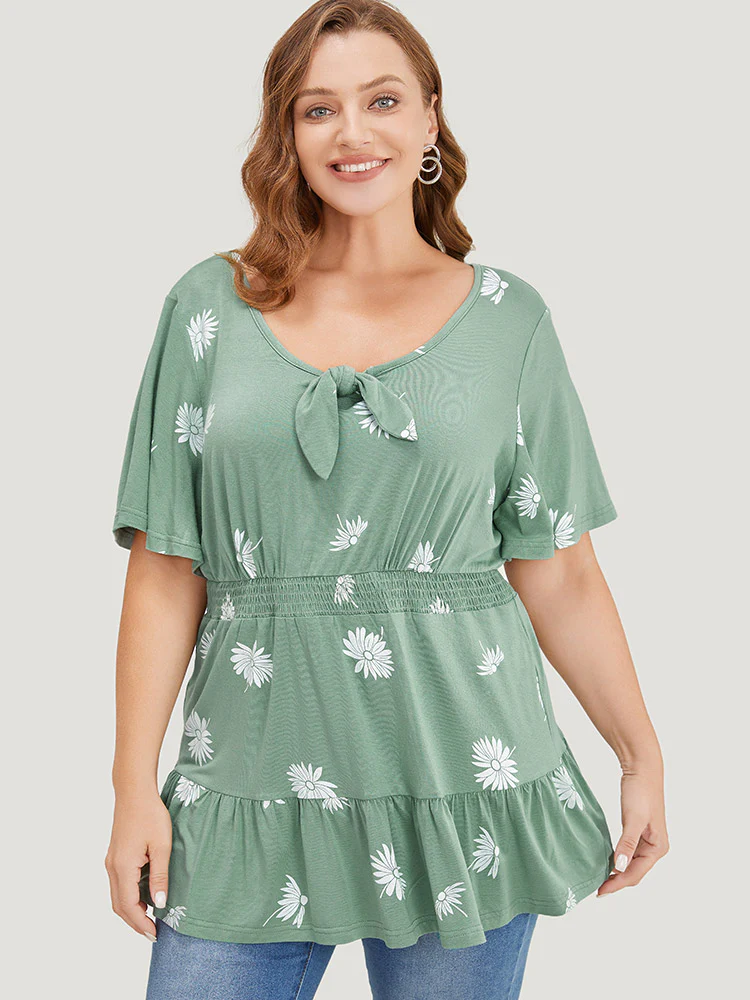 Daisy Floral Shirred Flutter Hem Bowknot T-shirt - Image 3