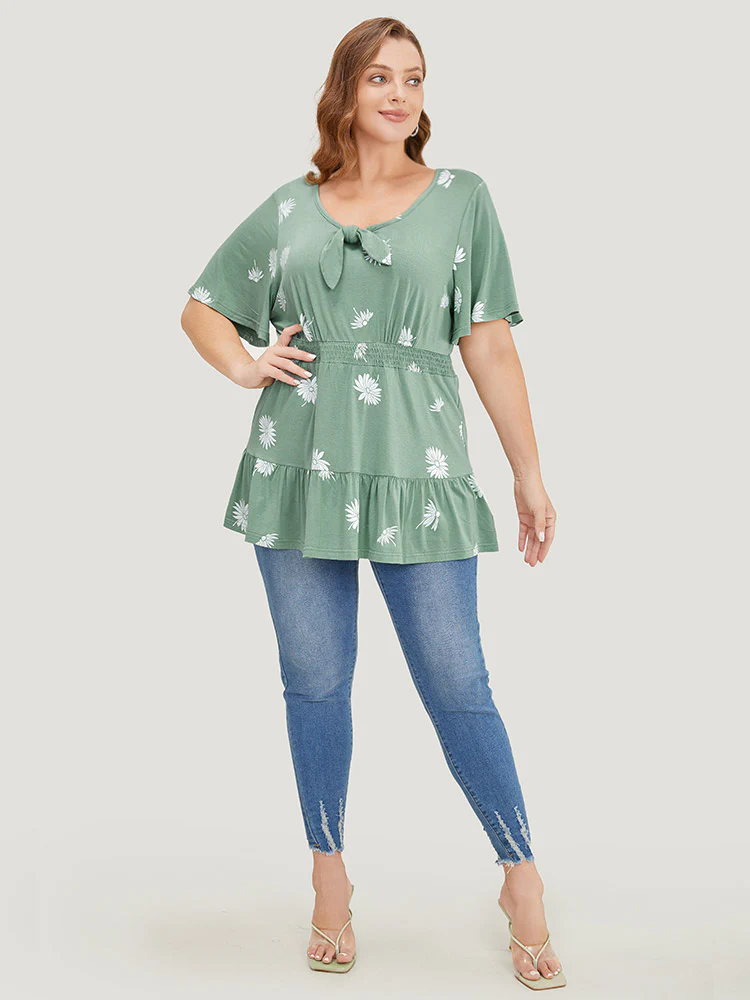 Daisy Floral Shirred Flutter Hem Bowknot T-shirt - Image 4