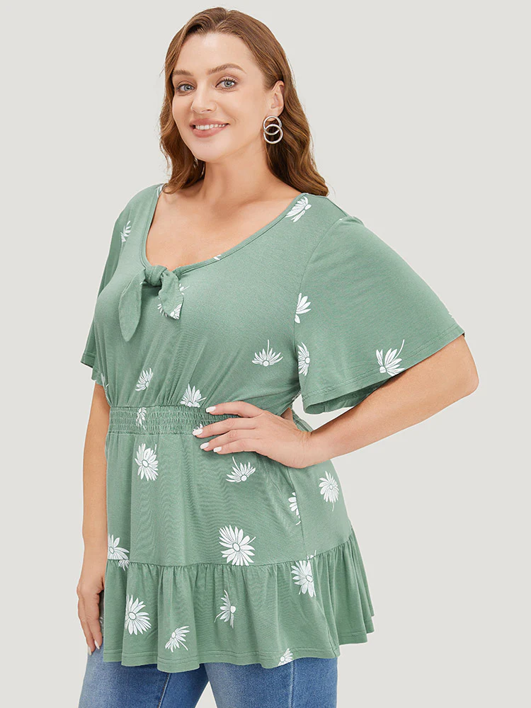 Daisy Floral Shirred Flutter Hem Bowknot T-shirt - Image 5
