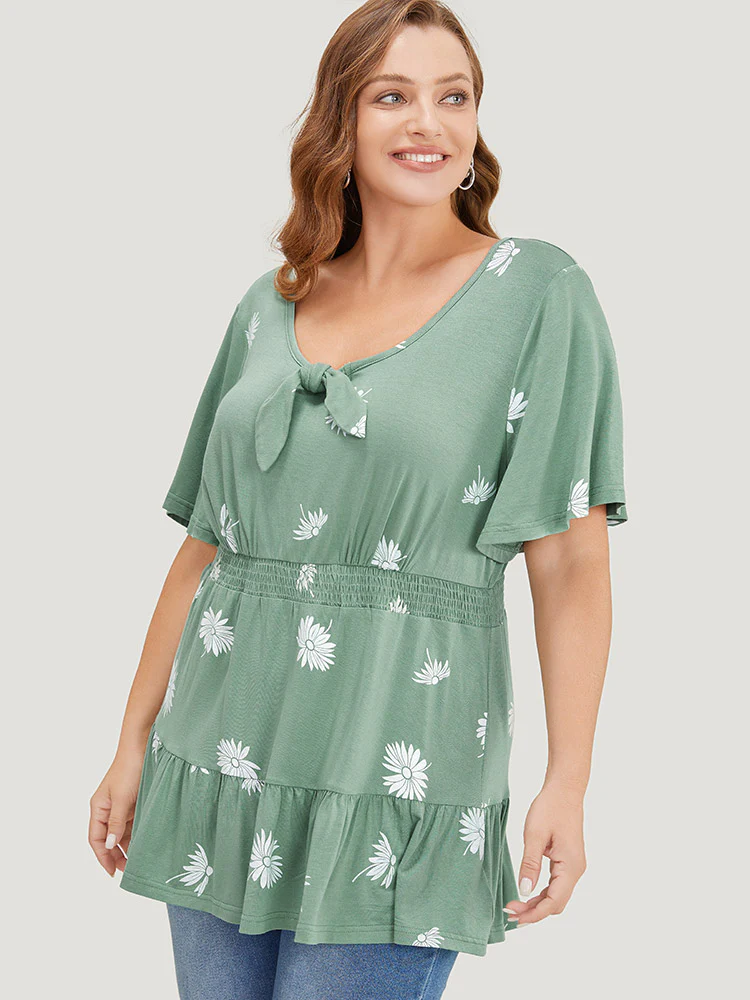 Daisy Floral Shirred Flutter Hem Bowknot T-shirt - Image 6