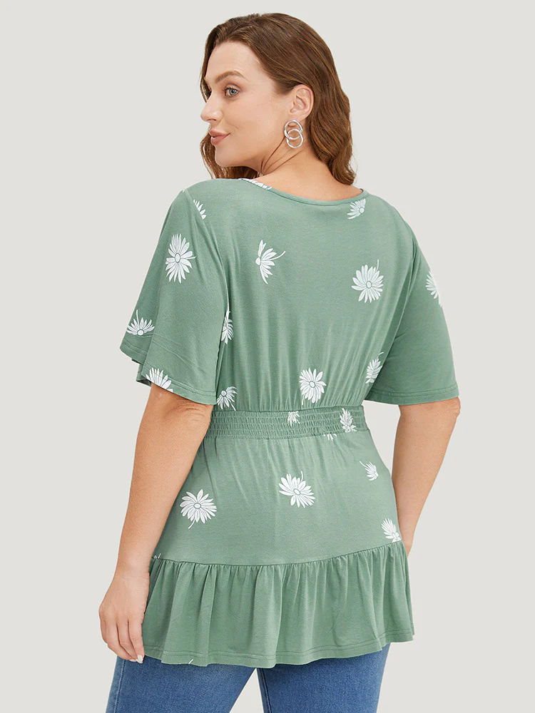 Daisy Floral Shirred Flutter Hem Bowknot T-shirt - Image 7