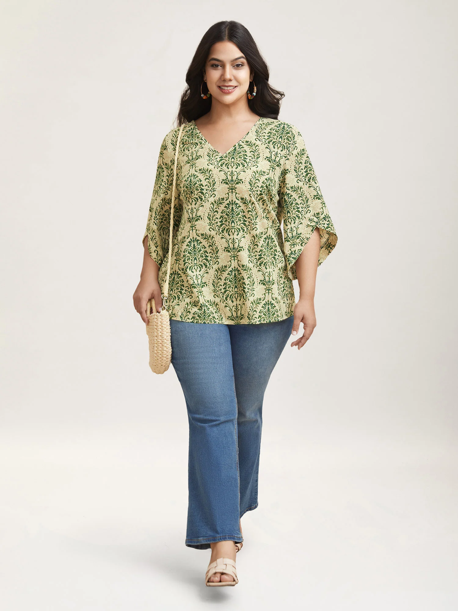 Damask Print Flared Sleeve V-Neck Shirt - Image 2