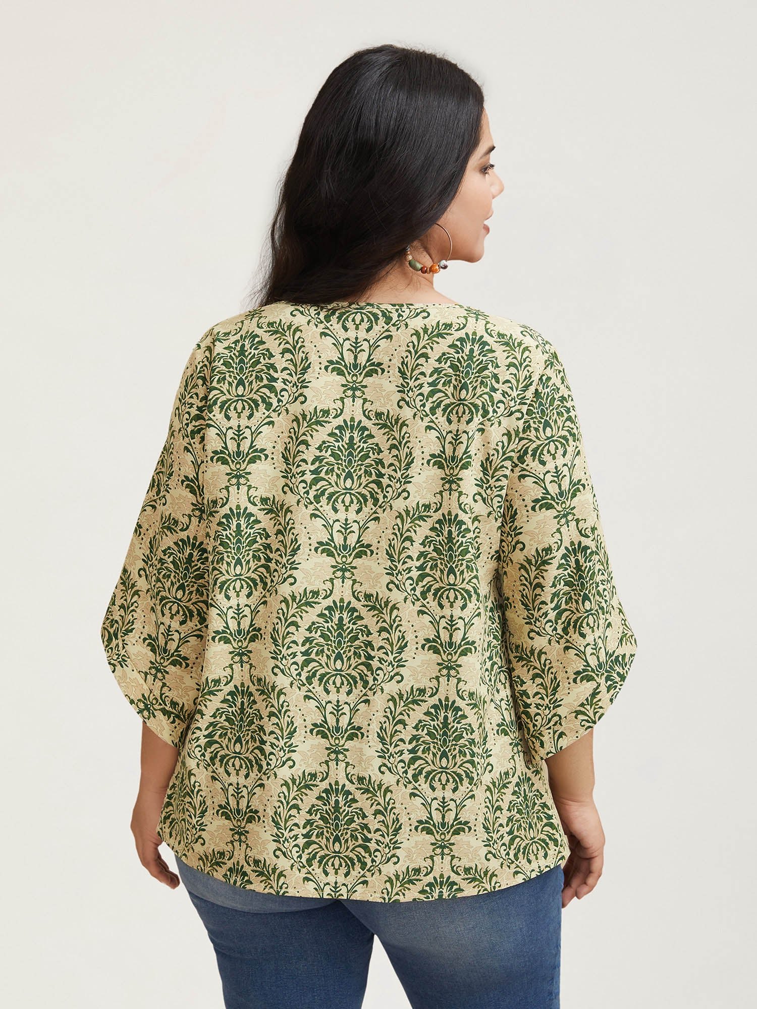 Damask Print Flared Sleeve V-Neck Shirt - Image 4