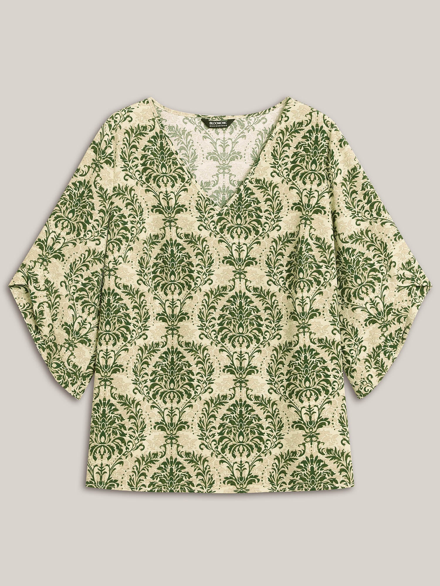 Damask Print Flared Sleeve V-Neck Shirt - Image 7