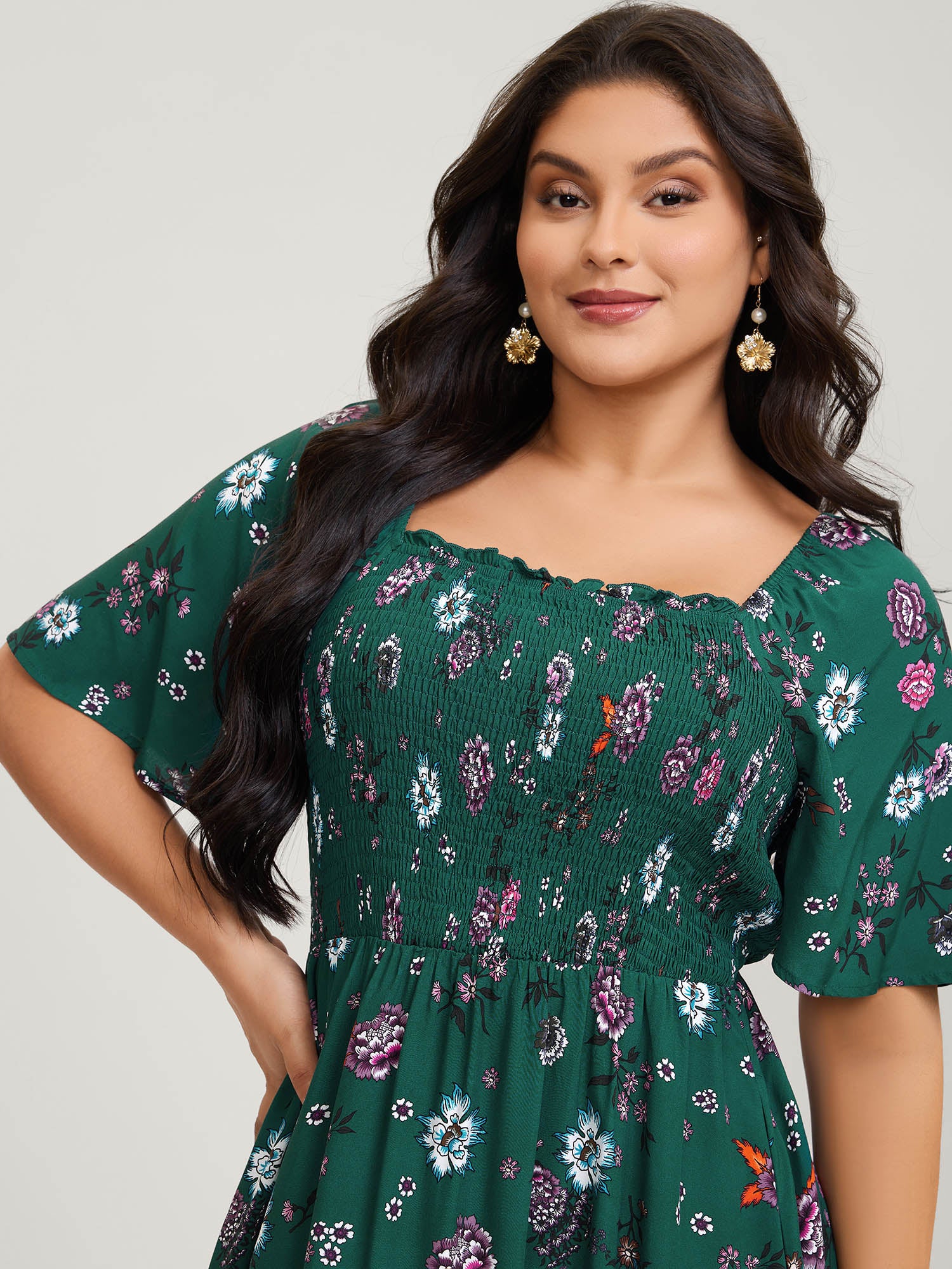 Dark Floral Print Shirred Bodice Midi Dress - Image 2