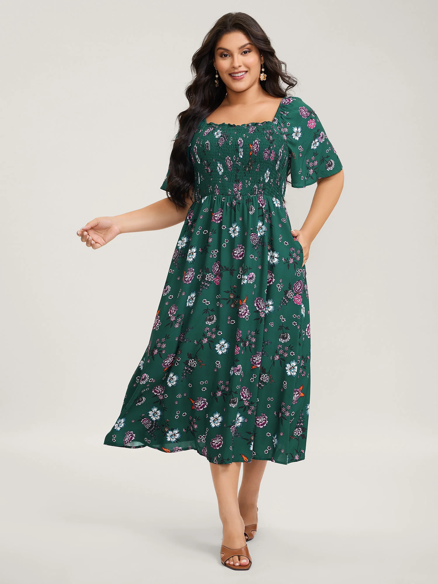 Dark Floral Print Shirred Bodice Midi Dress - Image 3