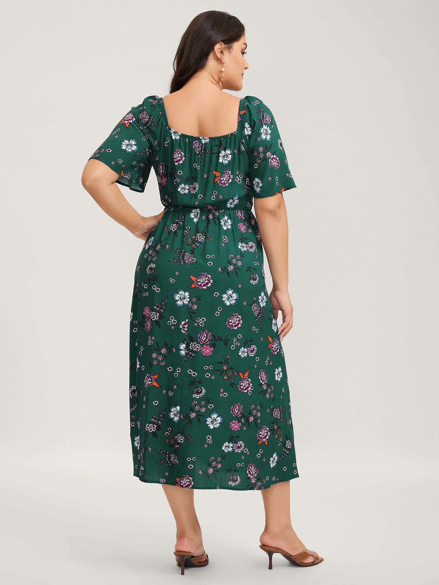 Dark Floral Print Shirred Bodice Midi Dress - Image 4