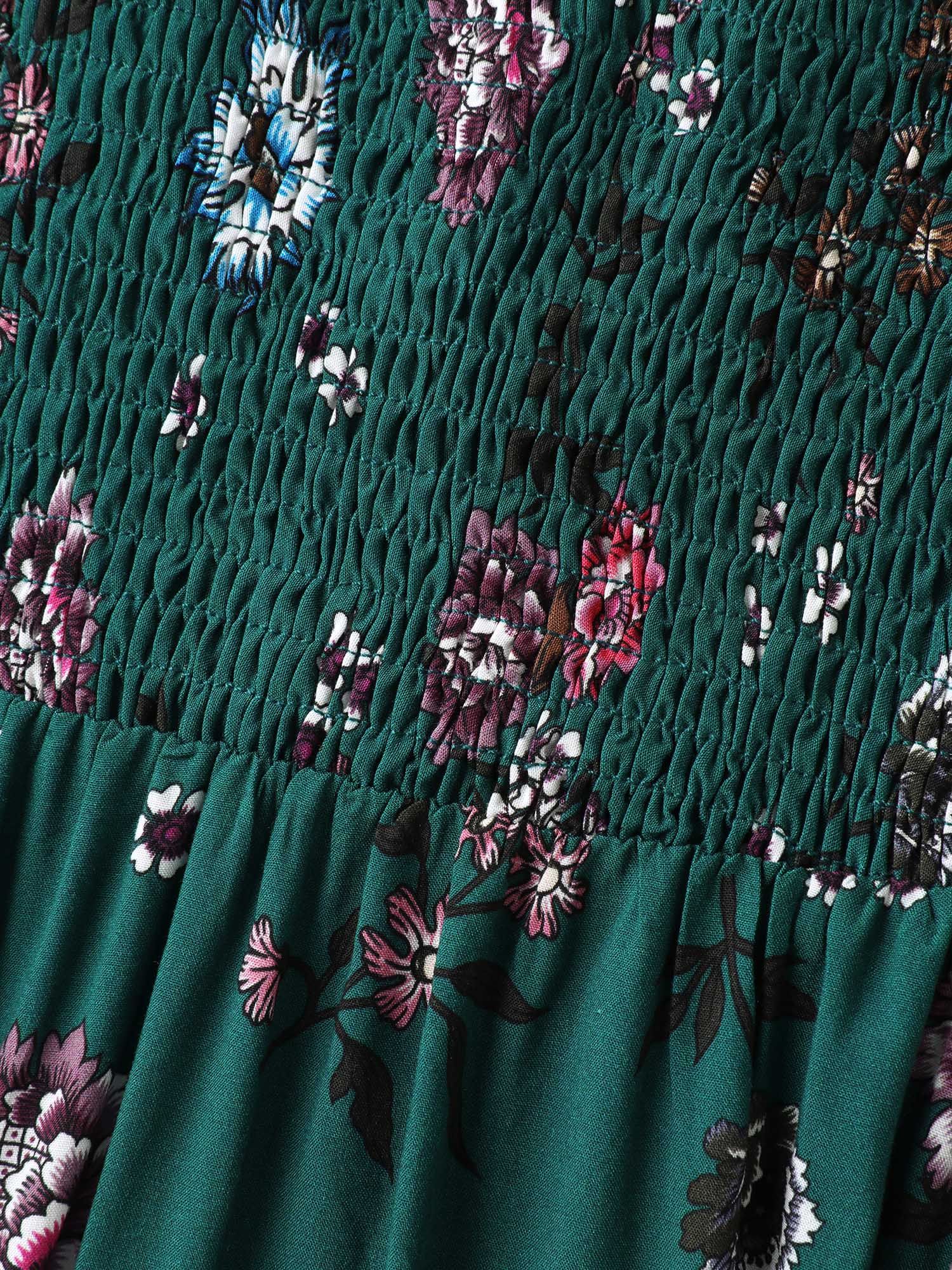 Dark Floral Print Shirred Bodice Midi Dress - Image 5