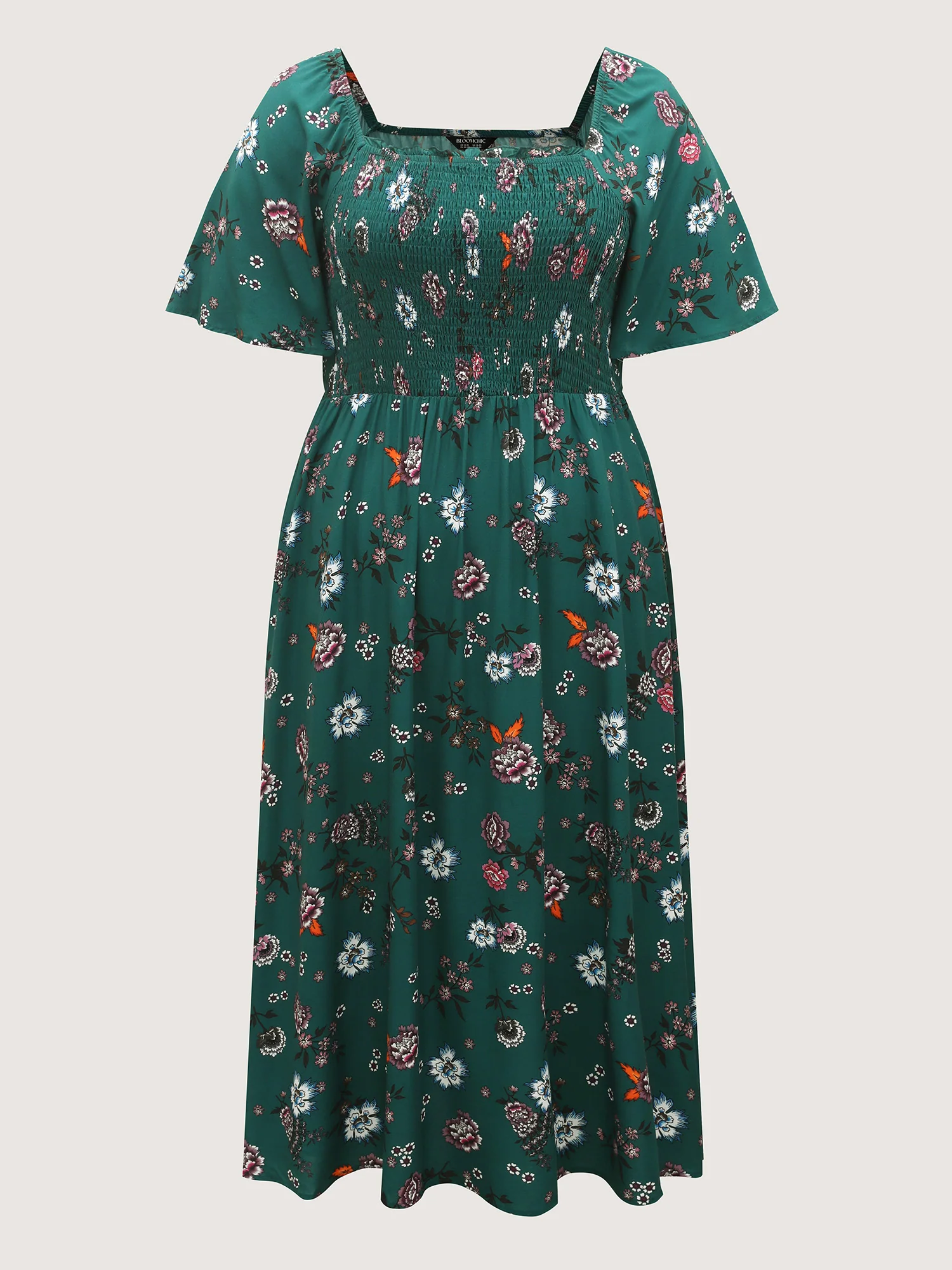 Dark Floral Print Shirred Bodice Midi Dress - Image 7