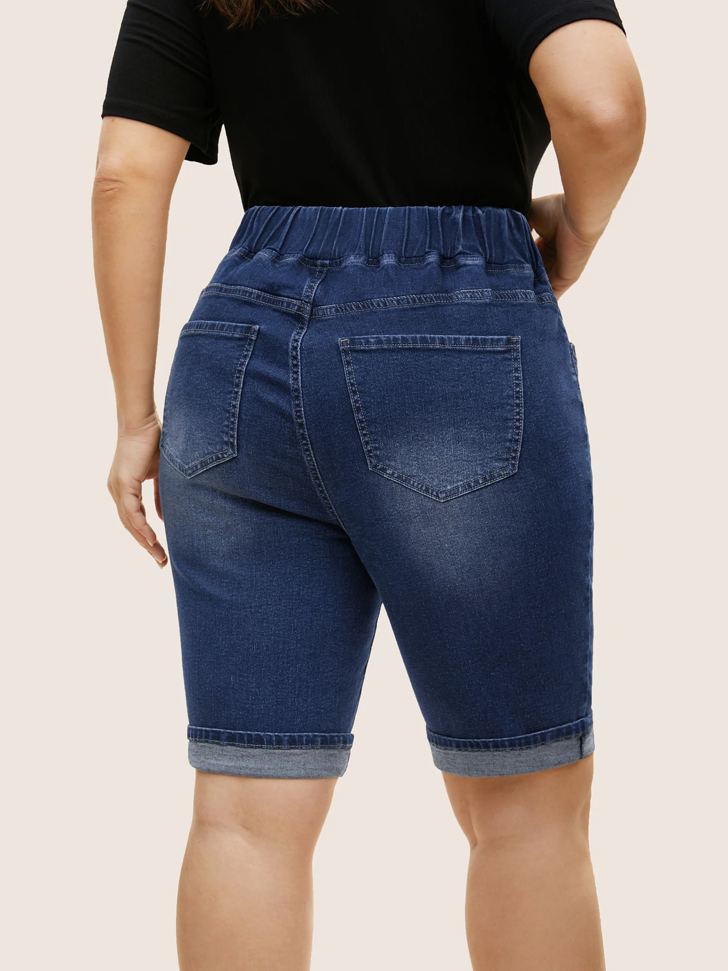 Dark Wash Distressed Roll Hem Denim Shorts - Image 10