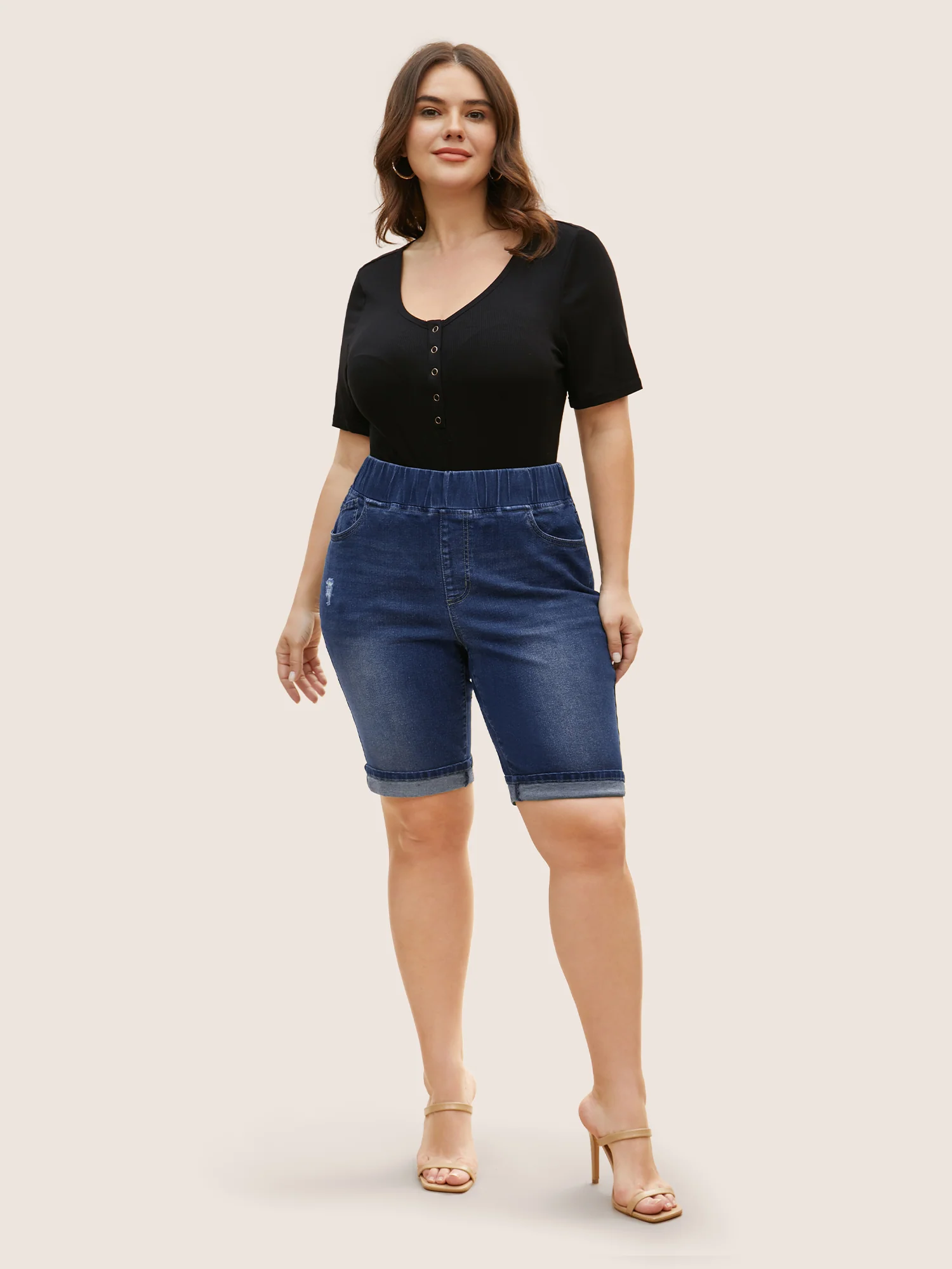 Dark Wash Distressed Roll Hem Denim Shorts - Image 11