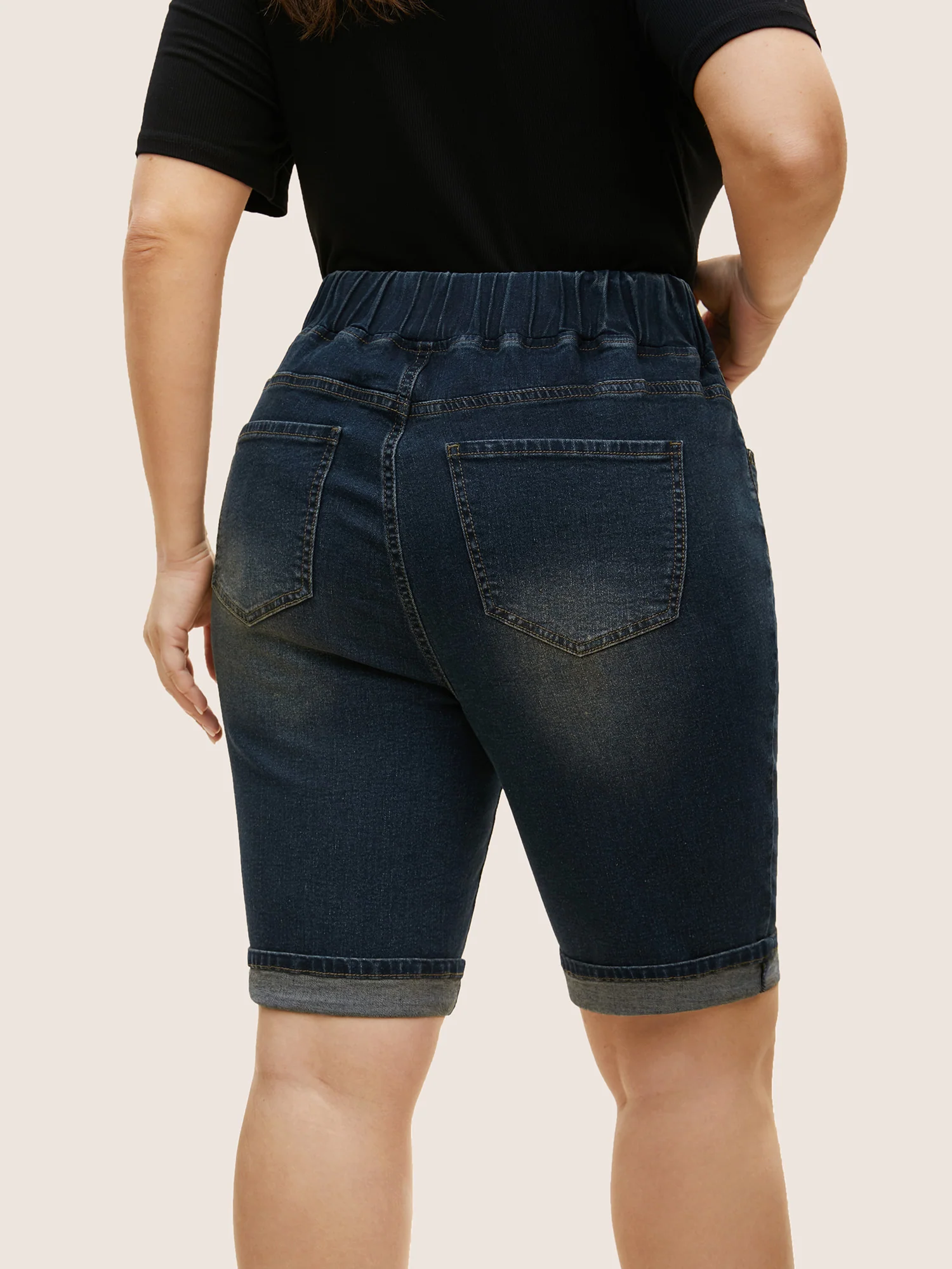 Dark Wash Distressed Roll Hem Denim Shorts - Image 2