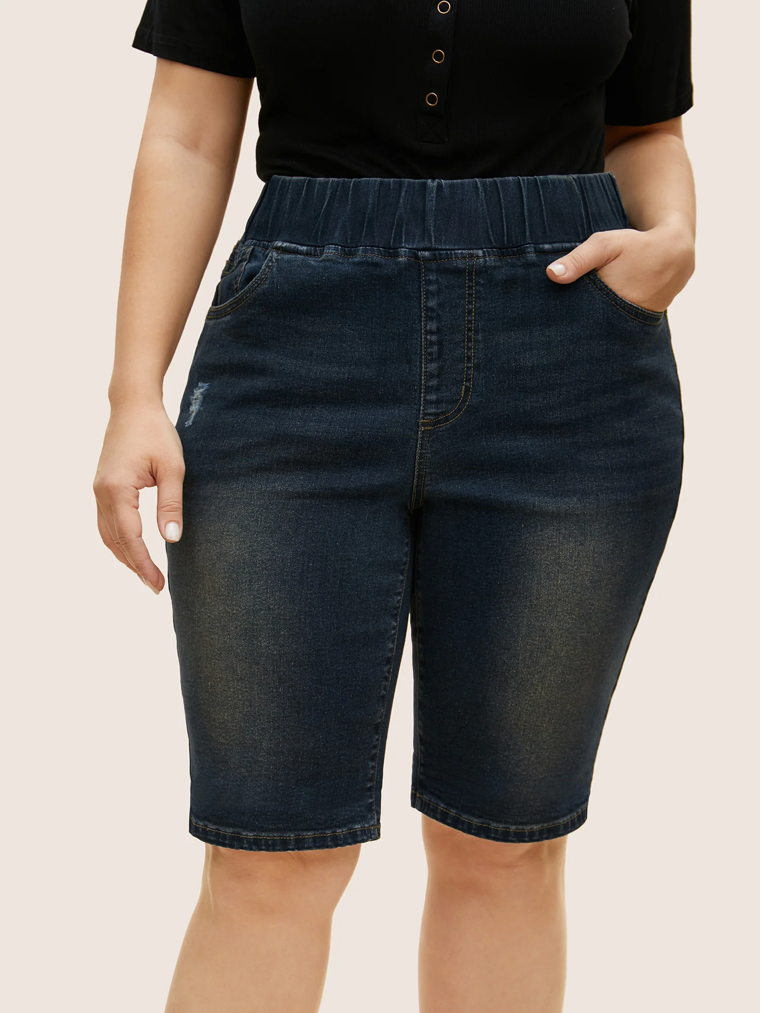 Dark Wash Distressed Roll Hem Denim Shorts - Image 4