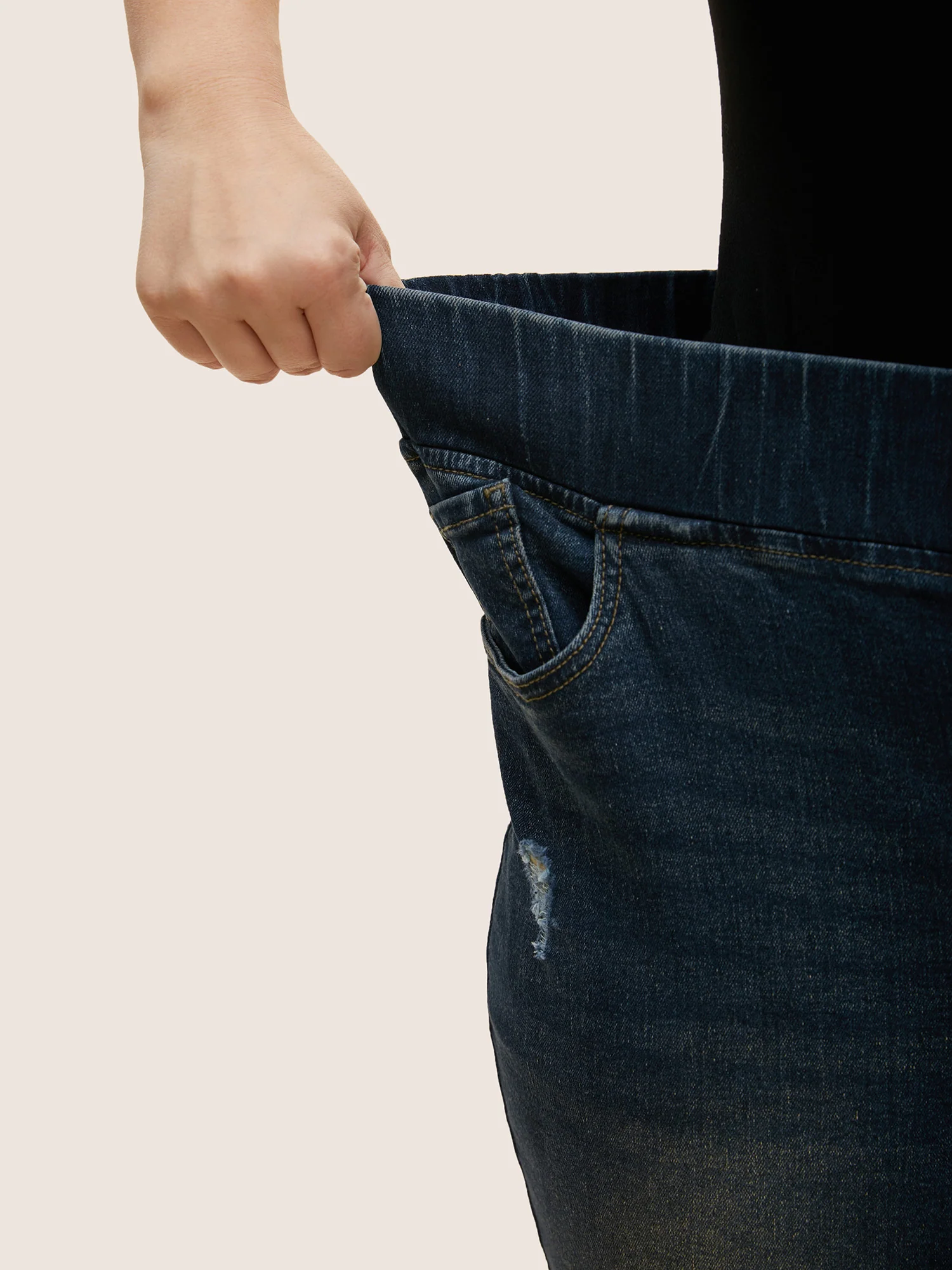 Dark Wash Distressed Roll Hem Denim Shorts - Image 5