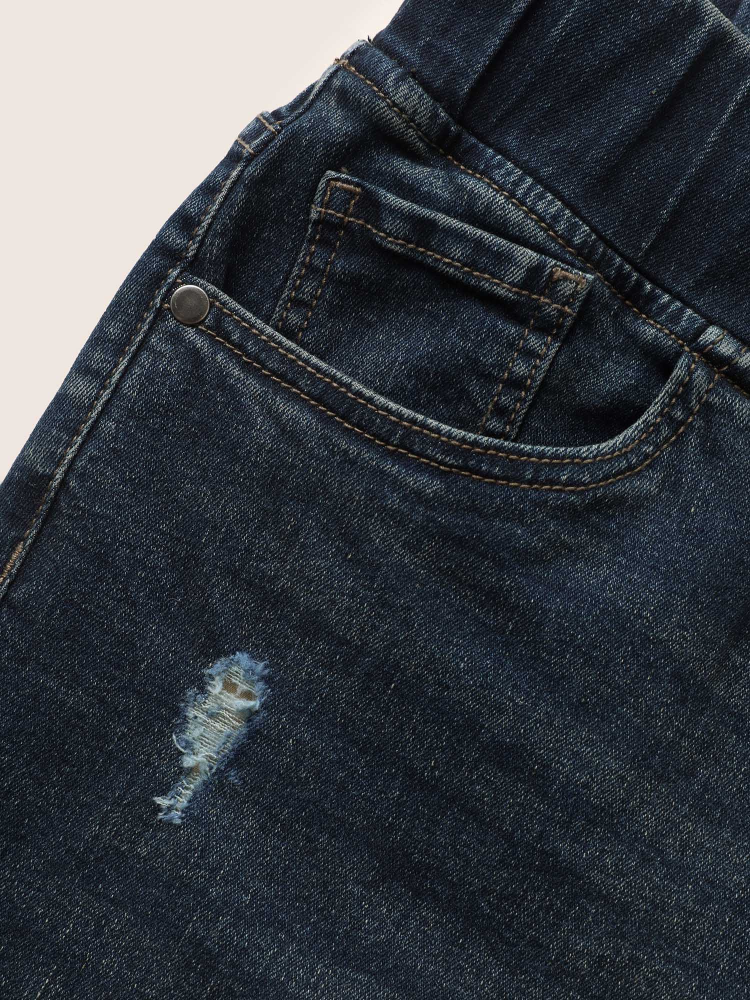 Dark Wash Distressed Roll Hem Denim Shorts - Image 6