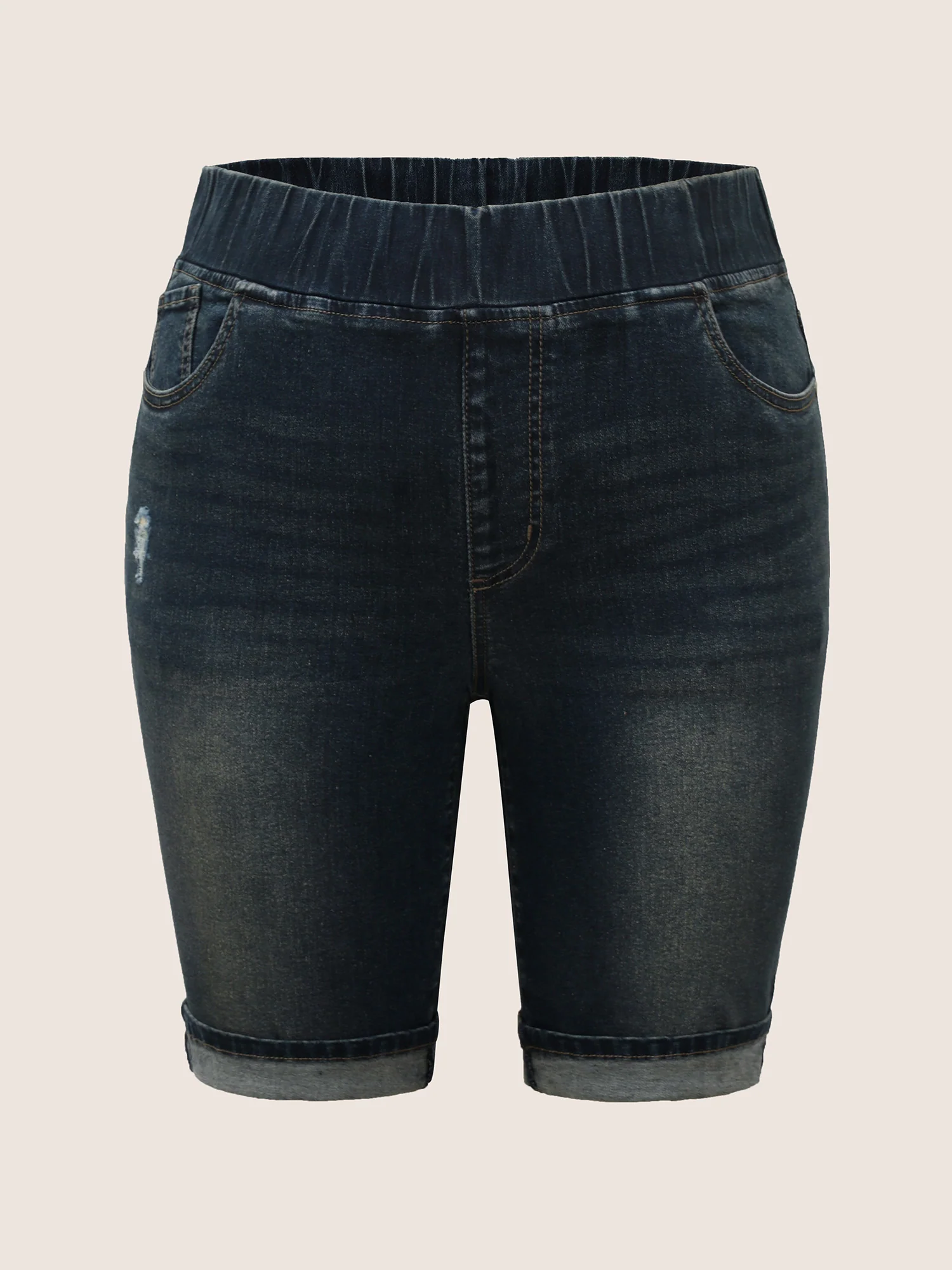 Dark Wash Distressed Roll Hem Denim Shorts - Image 8