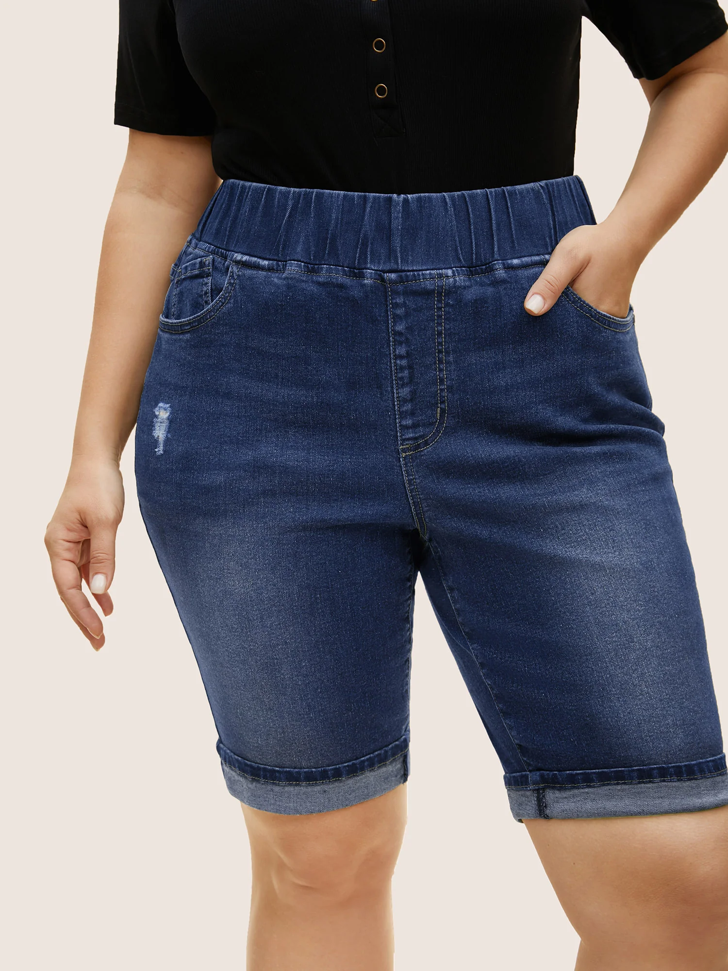 Dark Wash Distressed Roll Hem Denim Shorts - Image 9