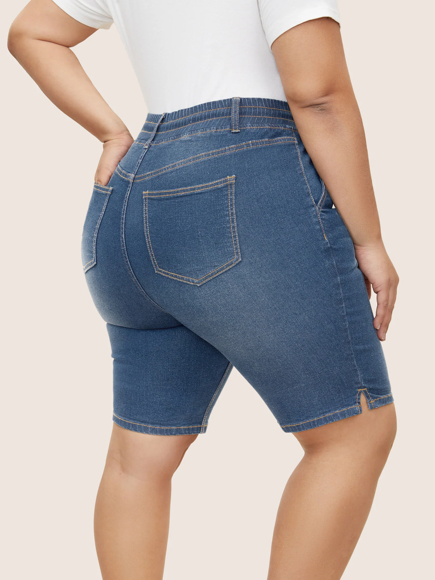 Dark Wash Drawstring Slit Hem Denim Shorts - Image 3