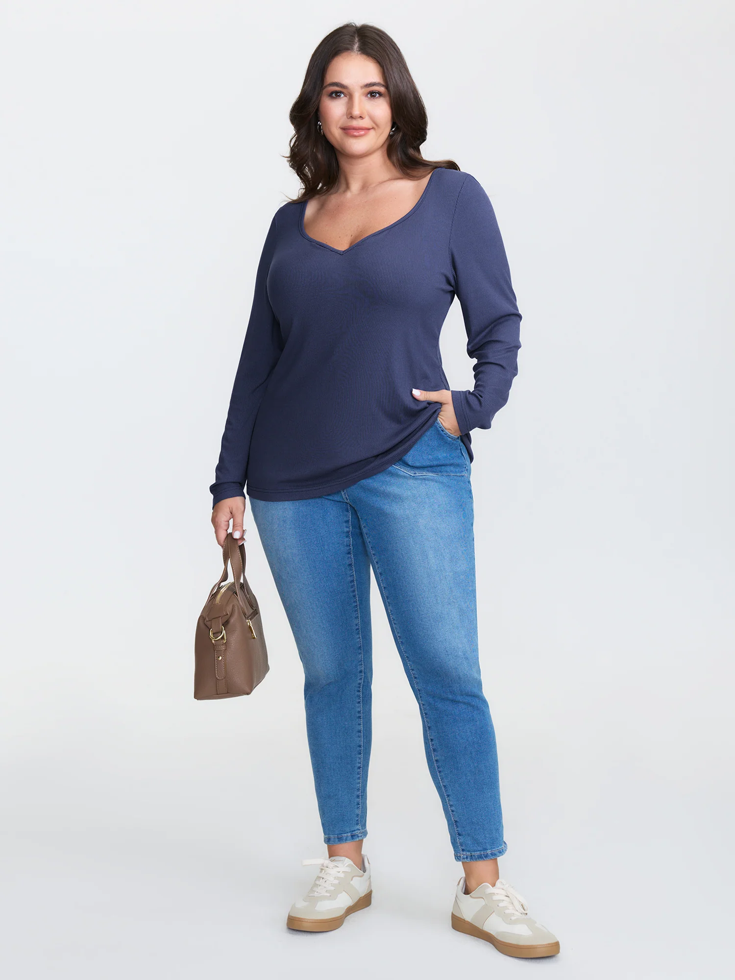 Deep Neckline Ribbed Fitted T-Shirt - Image 2