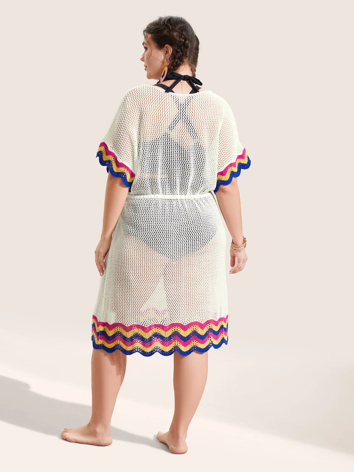Deep V Neck Contrast Striped Drawstring Swim Cover Up - Image 2