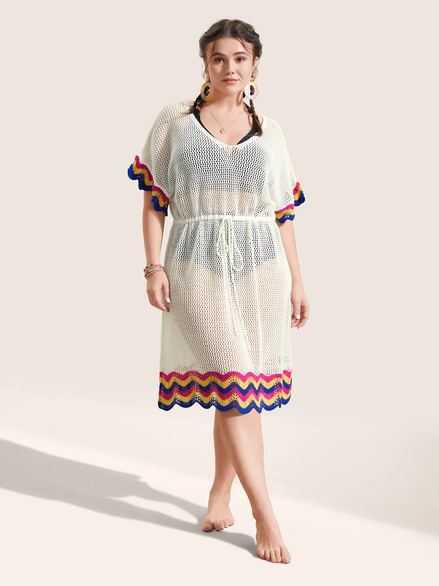 Deep V Neck Contrast Striped Drawstring Swim Cover Up - Image 3