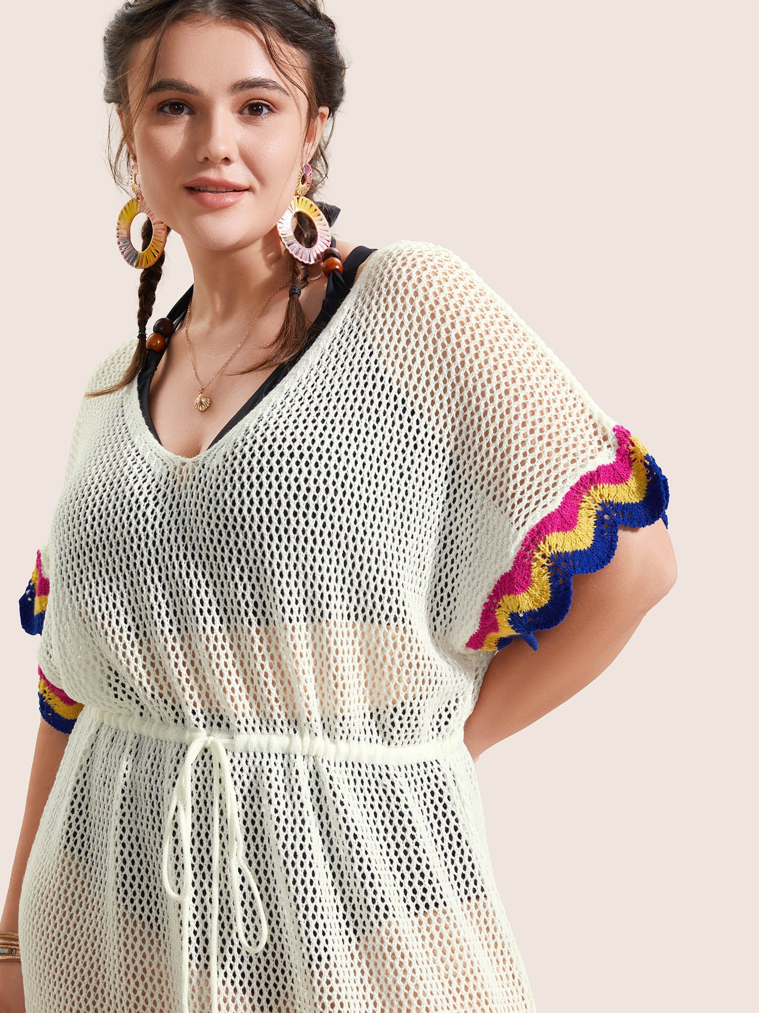 Deep V Neck Contrast Striped Drawstring Swim Cover Up - Image 5