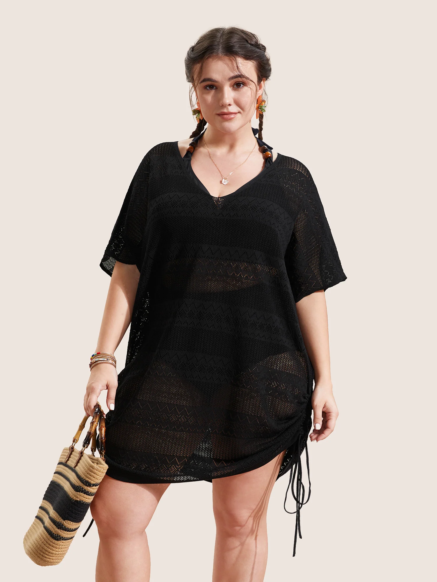 Deep V Neck Cut Out Drawstring Swim Cover Up