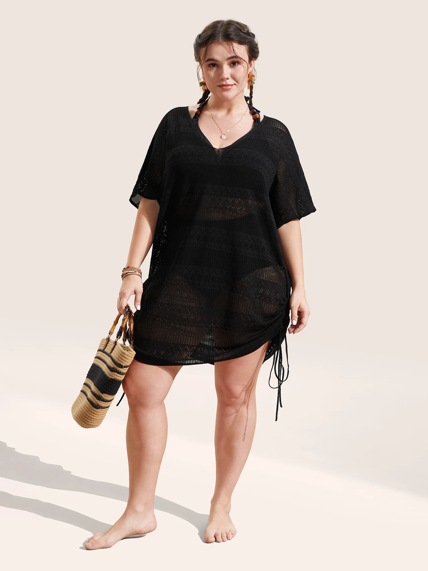 Deep V Neck Cut Out Drawstring Swim Cover Up - Image 3