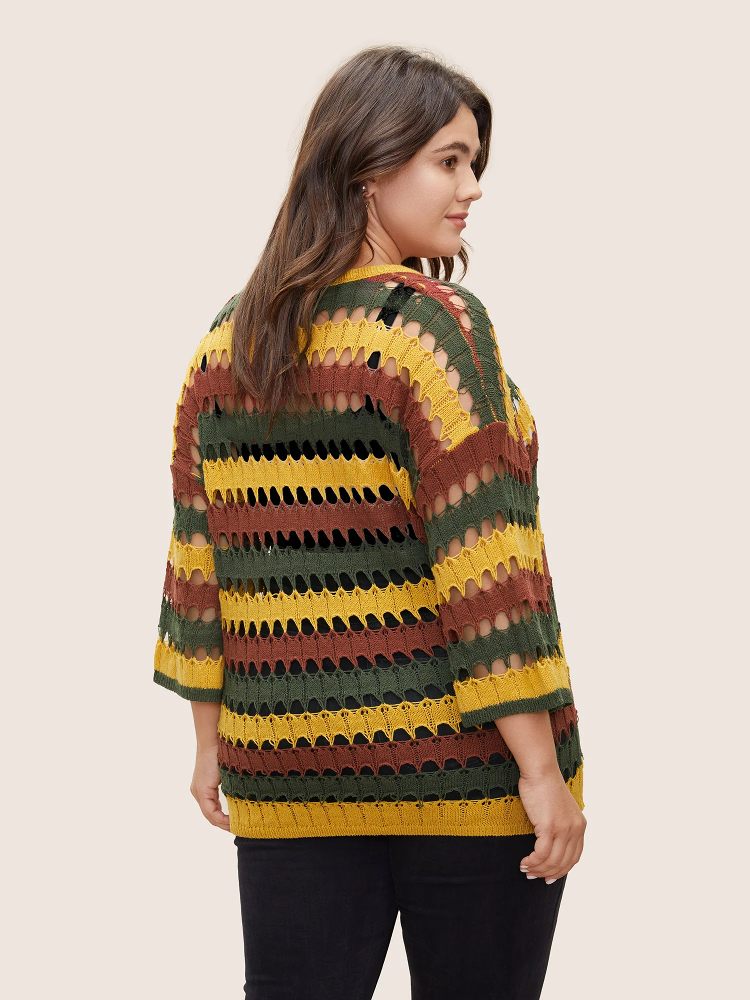 Deep V Neck Cut Out Stripes Contrast Pullover - Image 2