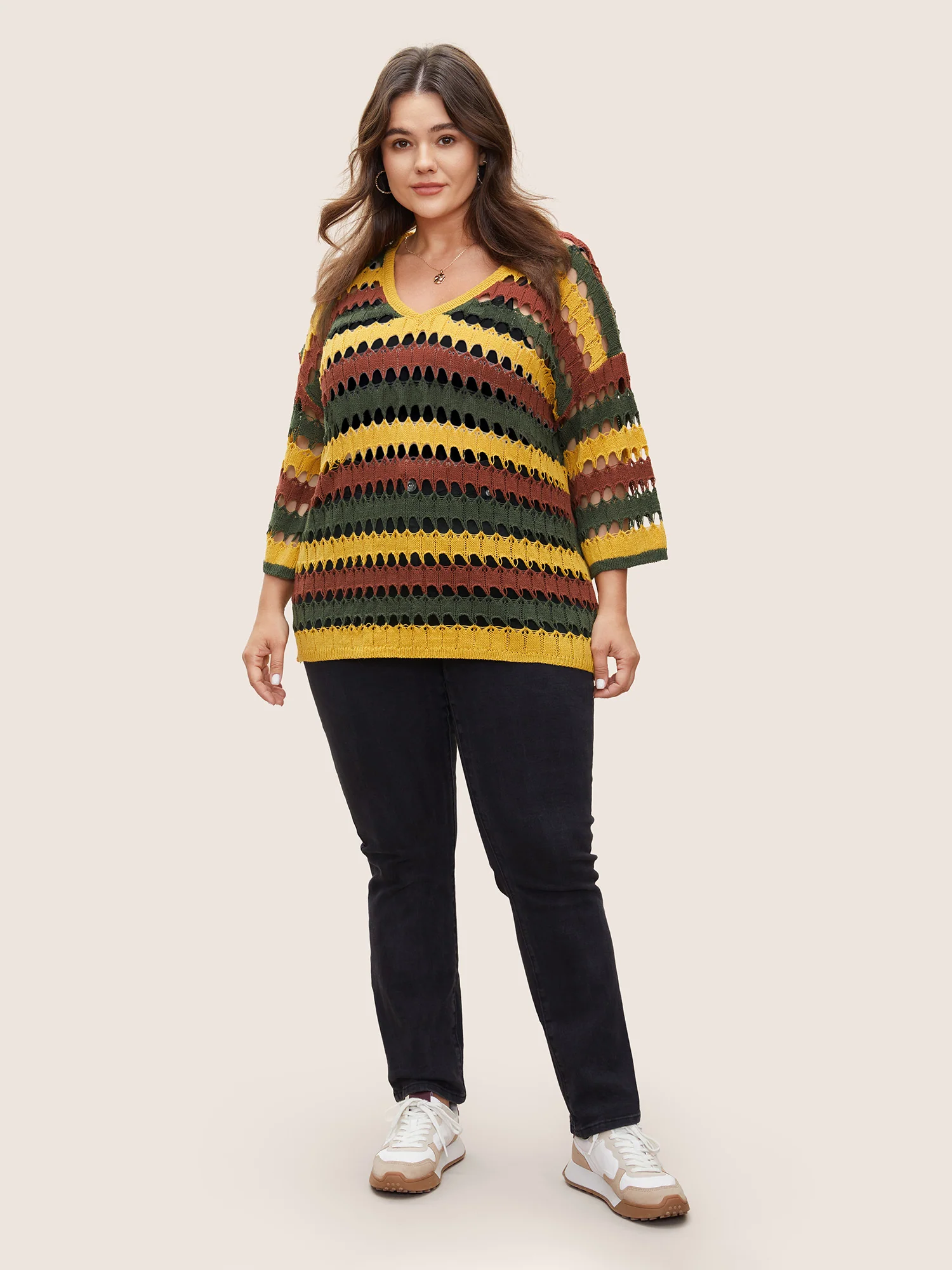 Deep V Neck Cut Out Stripes Contrast Pullover - Image 3