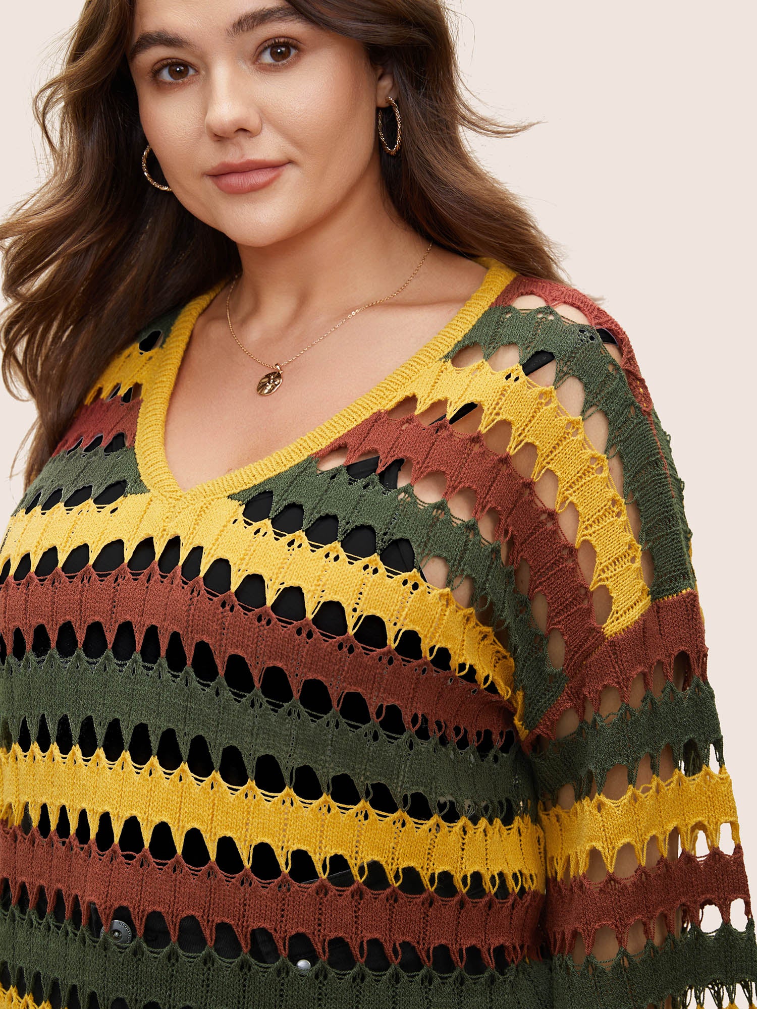 Deep V Neck Cut Out Stripes Contrast Pullover - Image 4