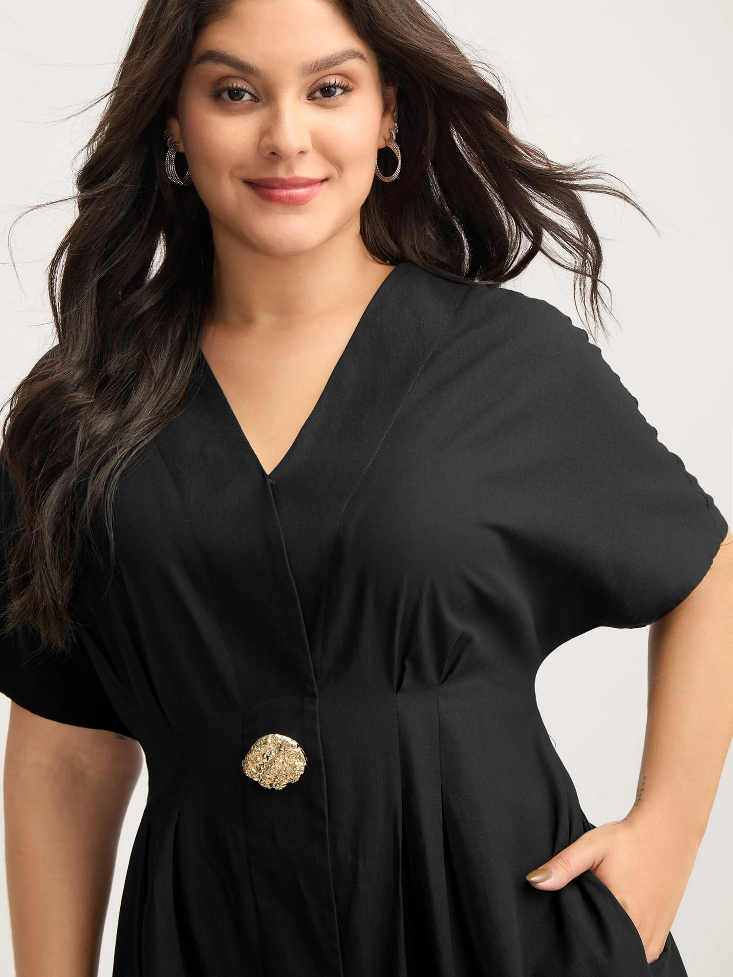 Deep V-Neck Decorative Button Midi Dress - Image 2