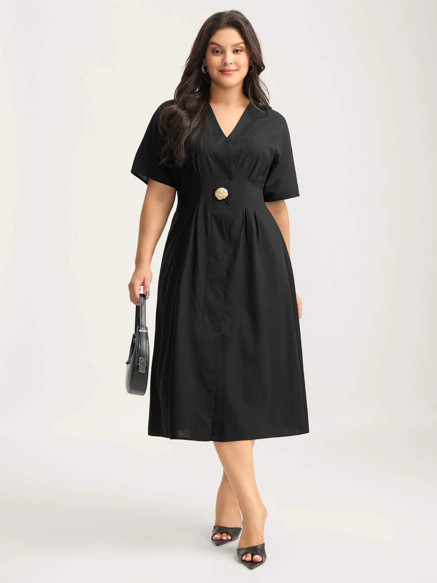 Deep V-Neck Decorative Button Midi Dress - Image 3