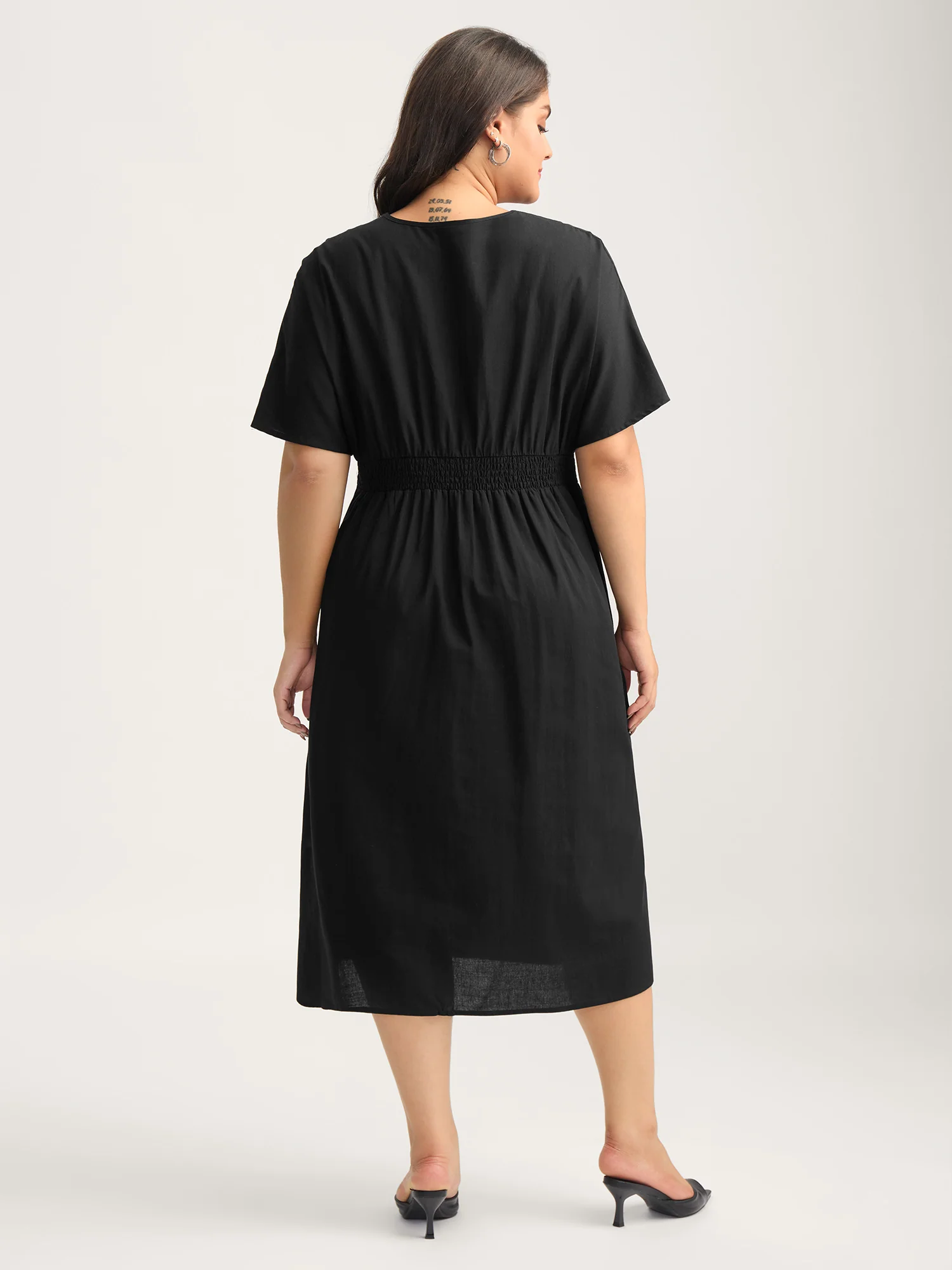 Deep V-Neck Decorative Button Midi Dress - Image 4