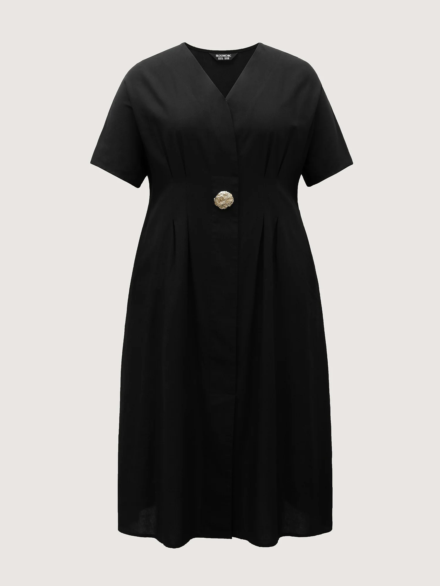 Deep V-Neck Decorative Button Midi Dress - Image 7