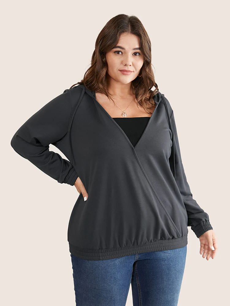Deep V Neck Hooded Drawstring Sweatshirt
