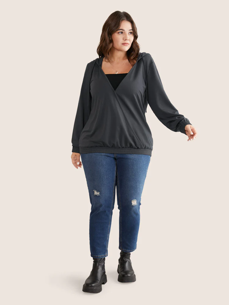 Deep V Neck Hooded Drawstring Sweatshirt - Image 3