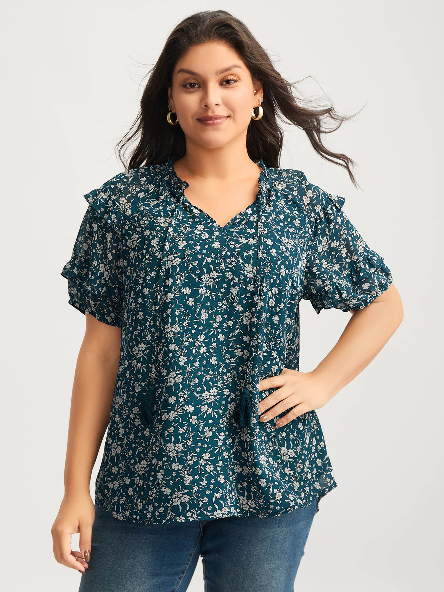 Delicate Florals Ruffled Tiered Sleeve Blouse